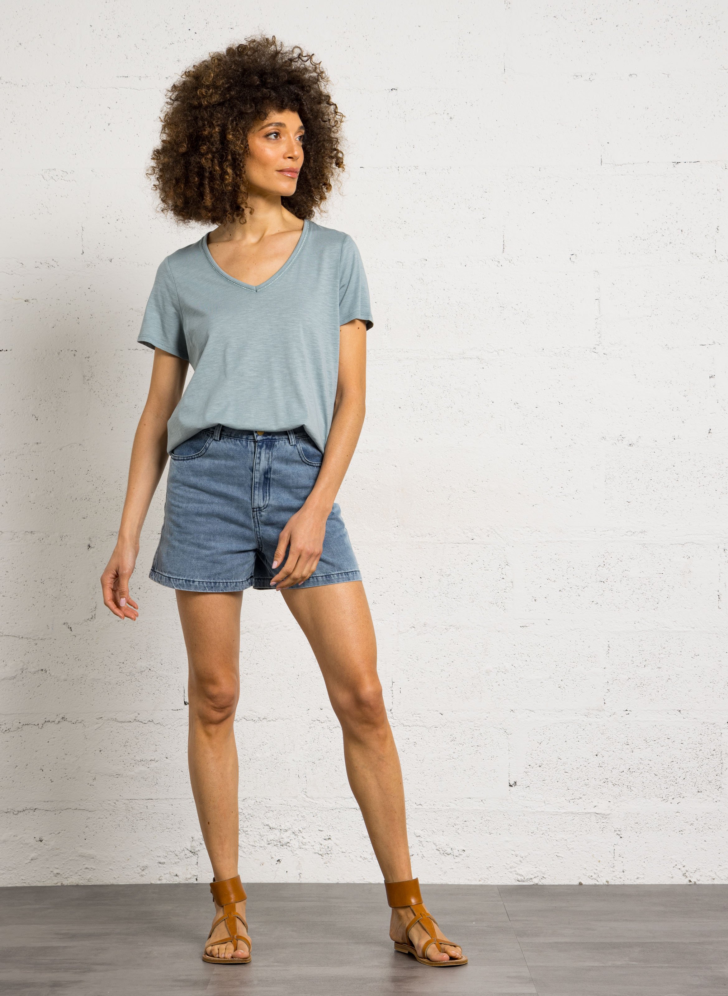 Oversize V-Ausschnitt T-Shirt aus Baumwollmischung SUD EXPRESS Blau