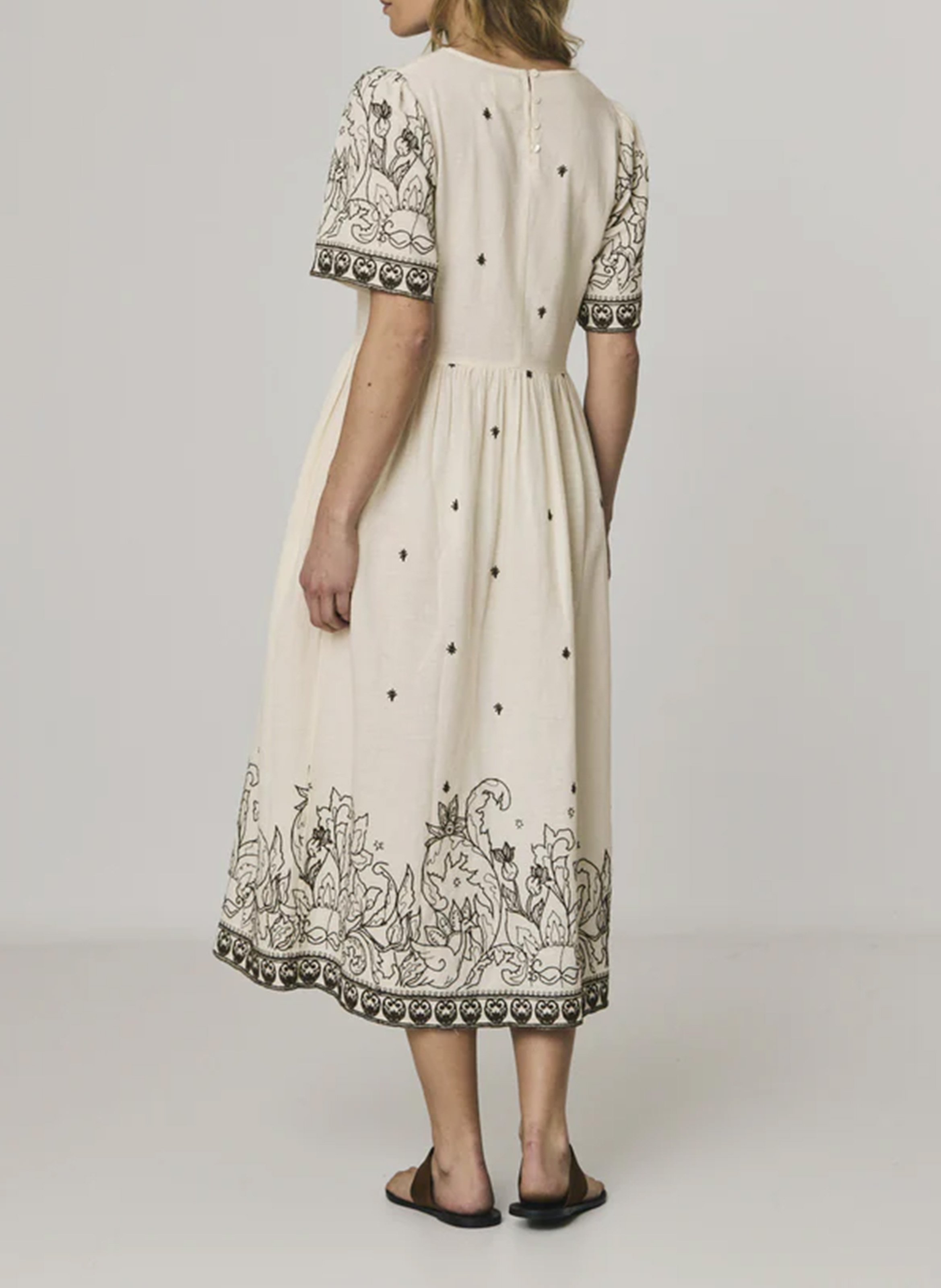 Robe midi col V en coton mélangé Beige