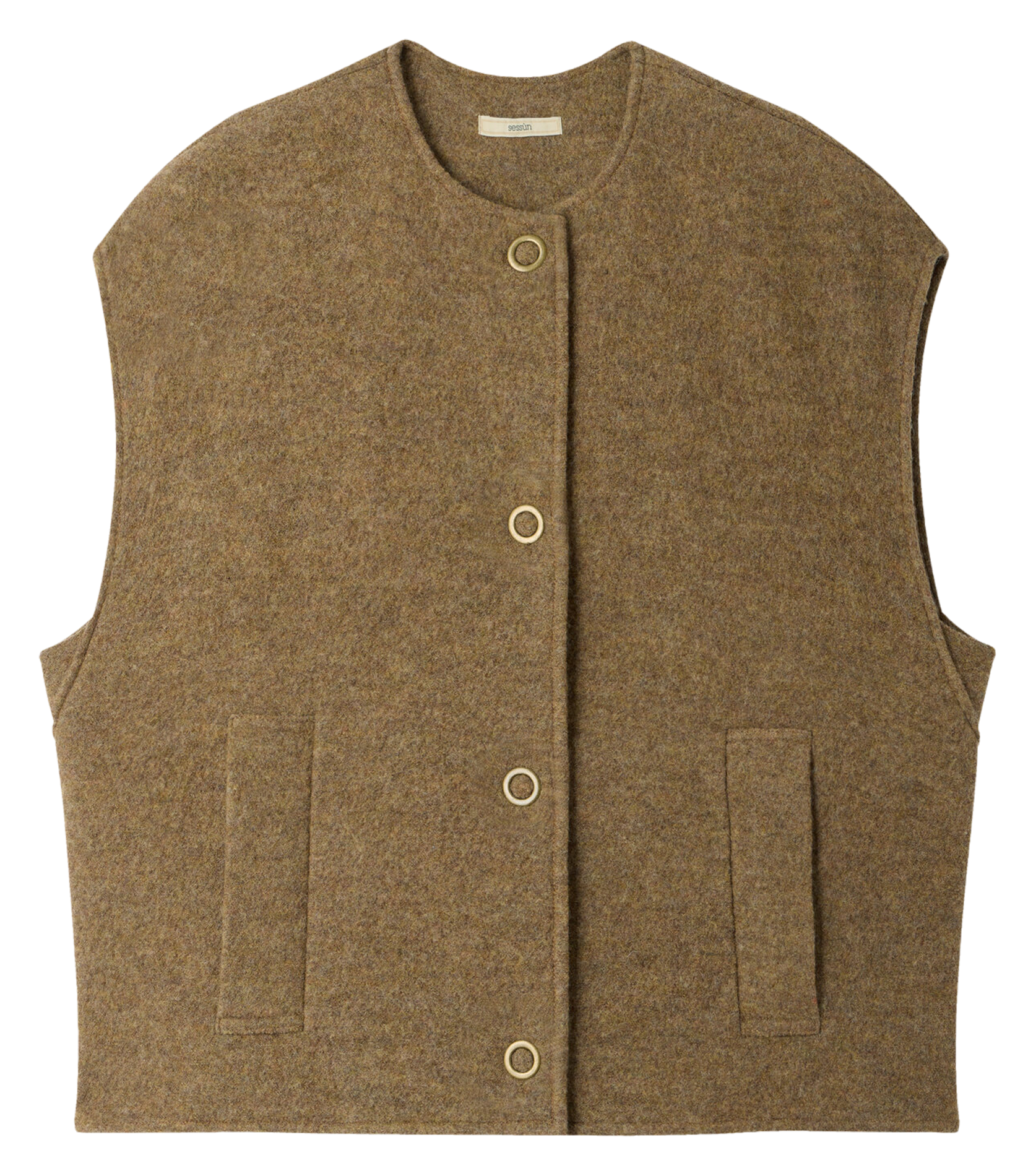 Gerade geschnittene Wollstrickjacke mit Rundhalskragen SESSUN Beige
