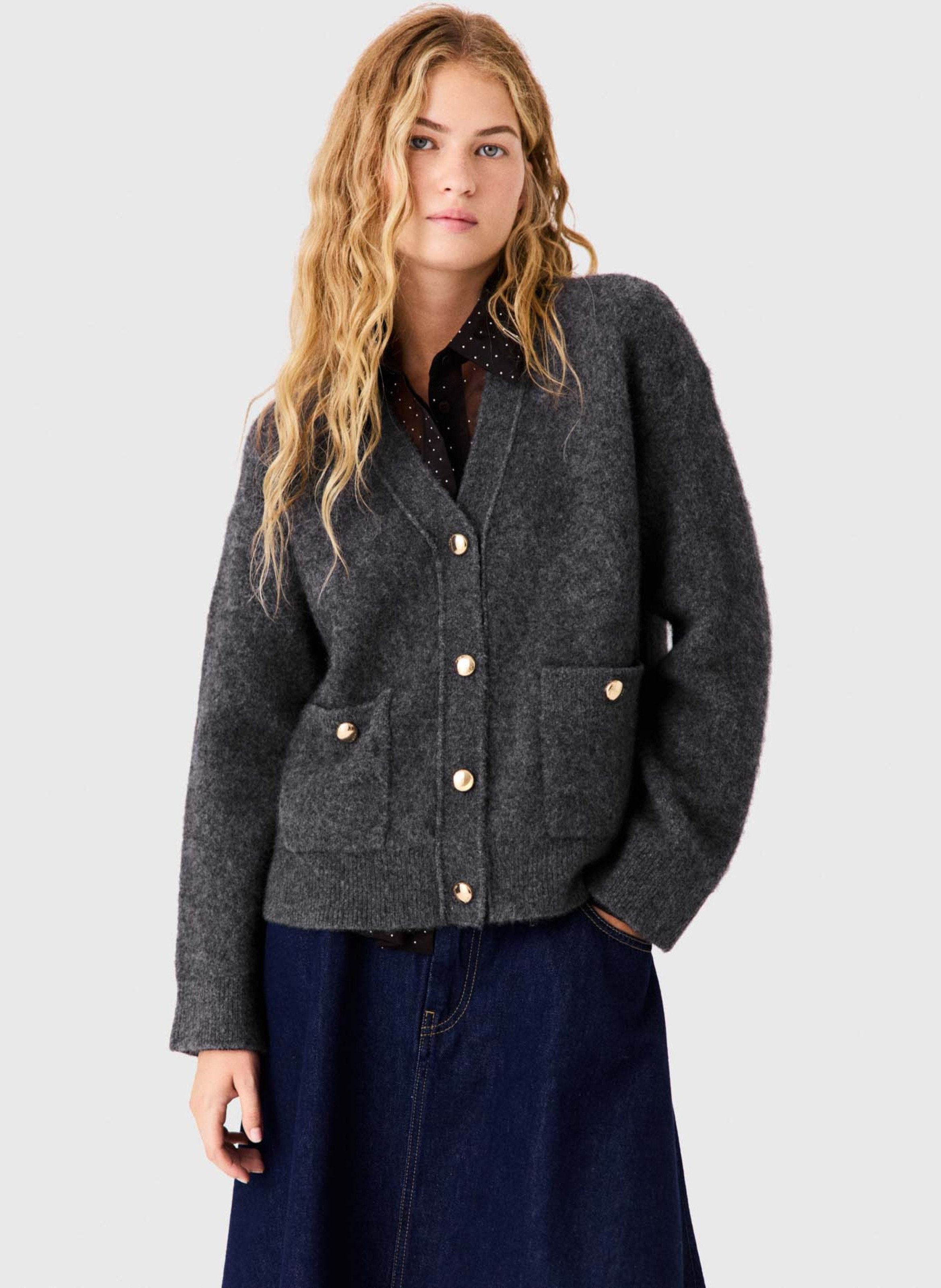 Cardigan with patch pockets in blended wool MAJE Grey