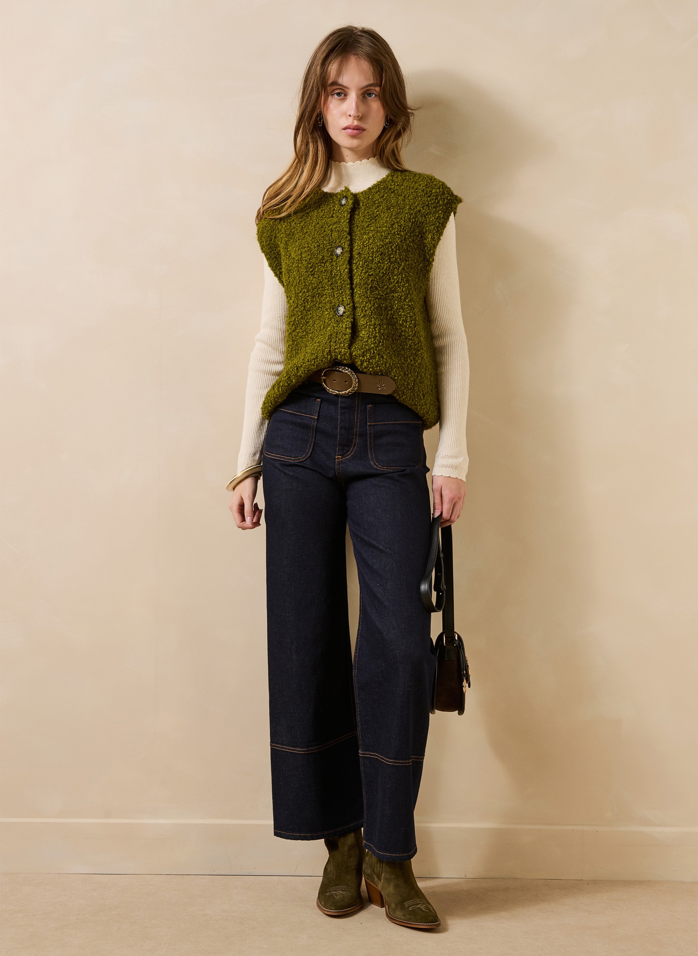 Straight round-neck faux fur-effect cardigan LA FEE MARABOUTEE Green