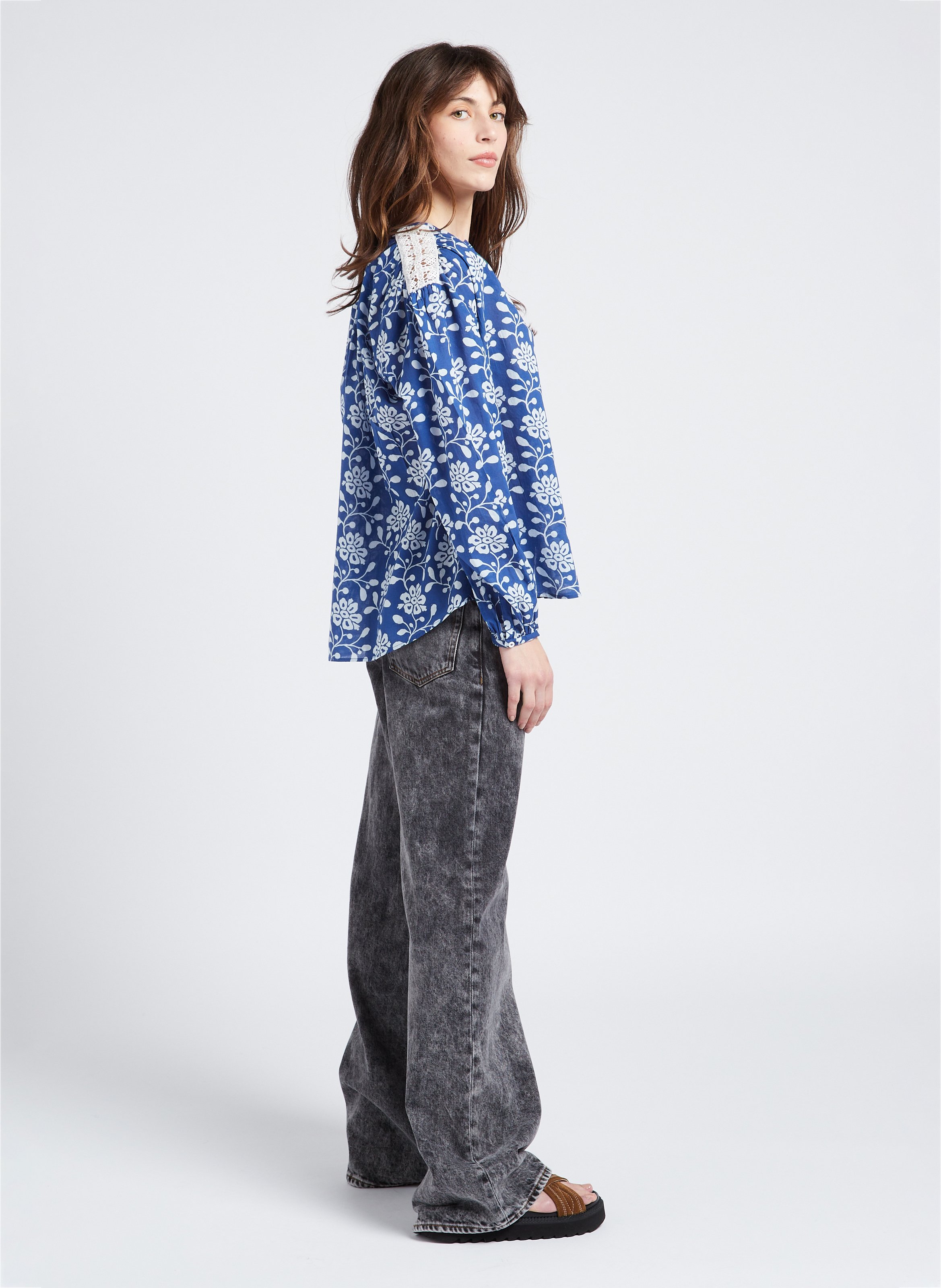 Straight-cut printed cotton shirt with round neck SWILDENS Blue