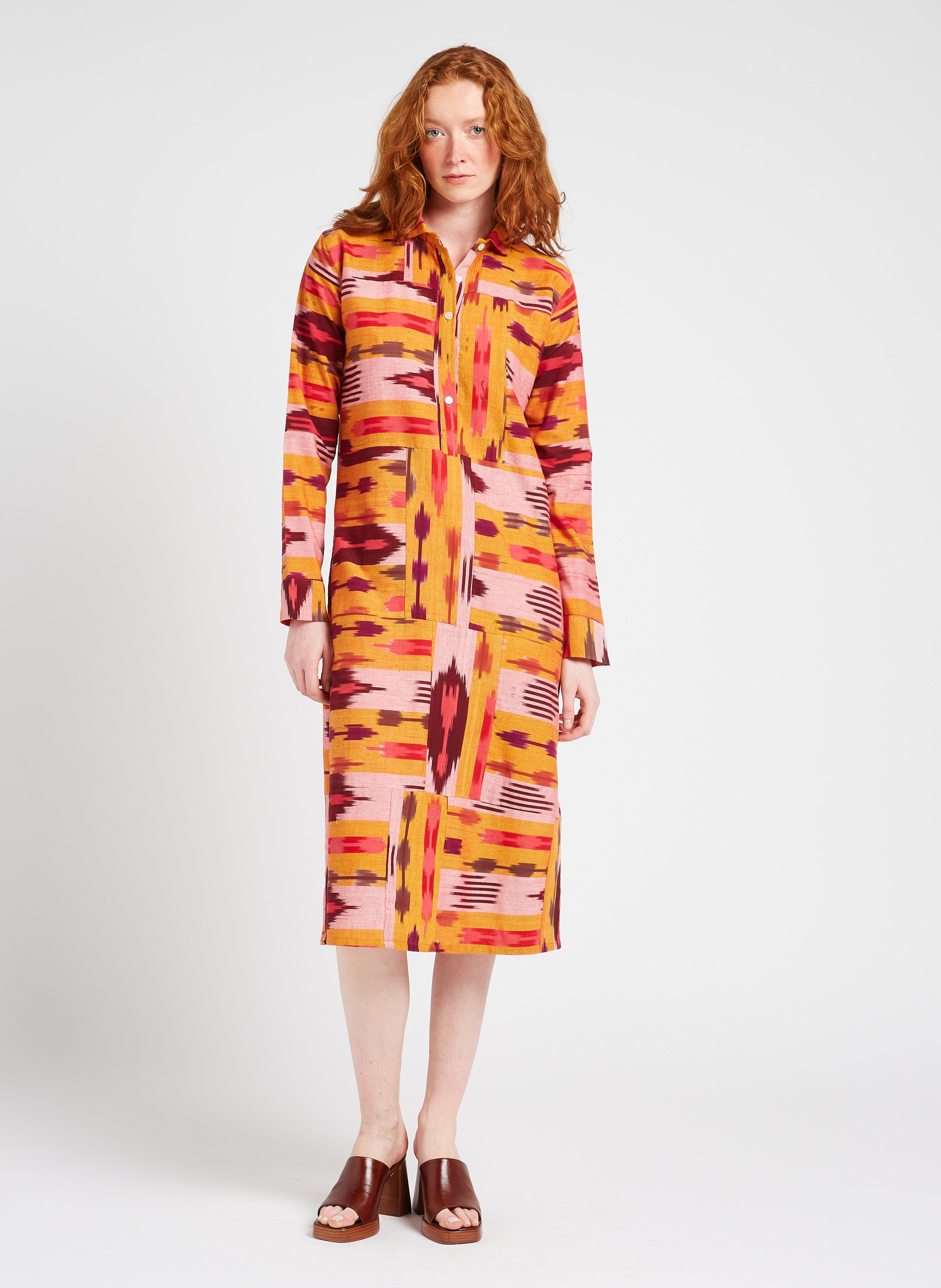 Midi shirt dress printed in cotton V DE VINSTER Yellow