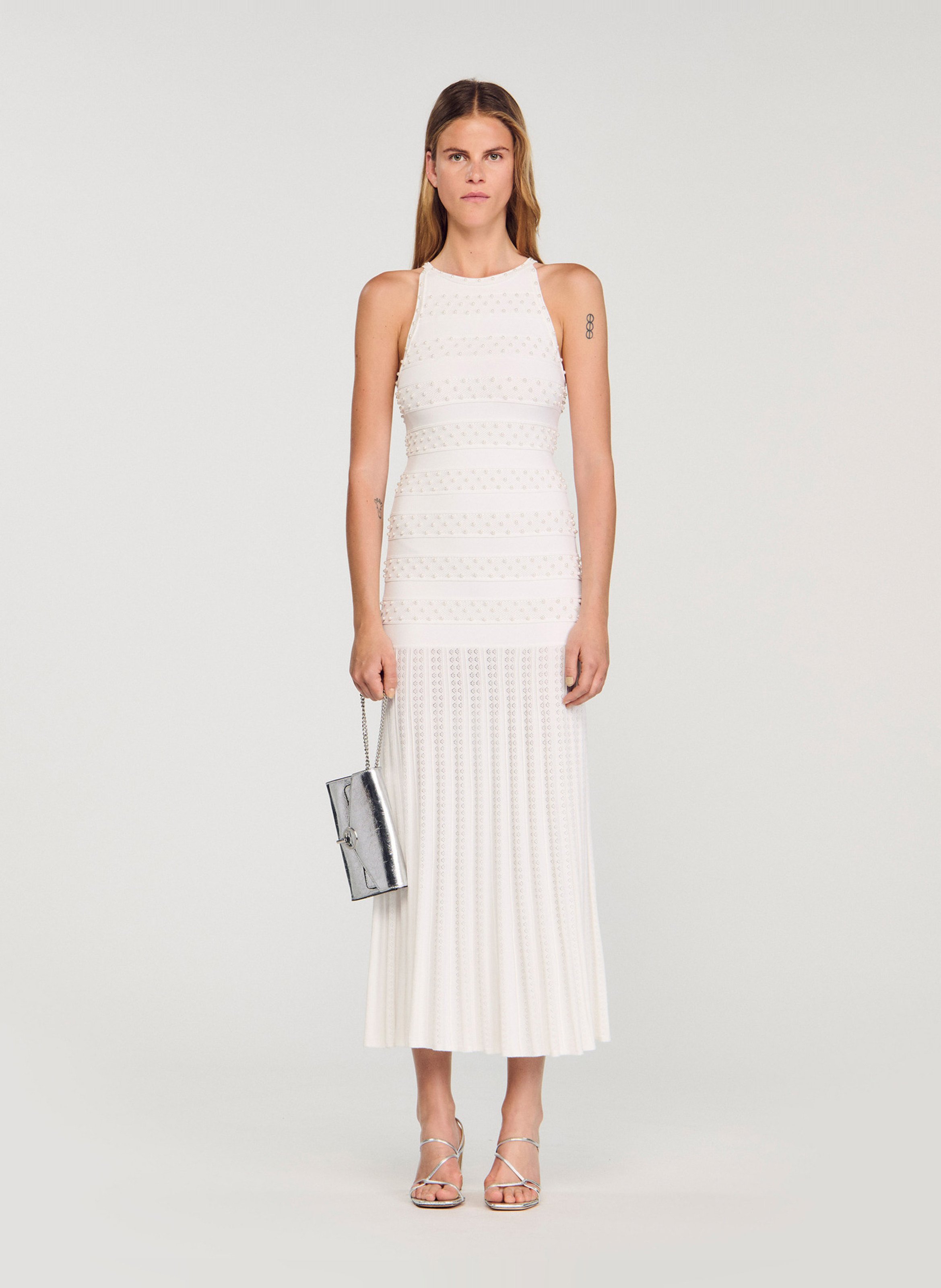 Lange uitlopende jurk met ronde hals SANDRO Wit