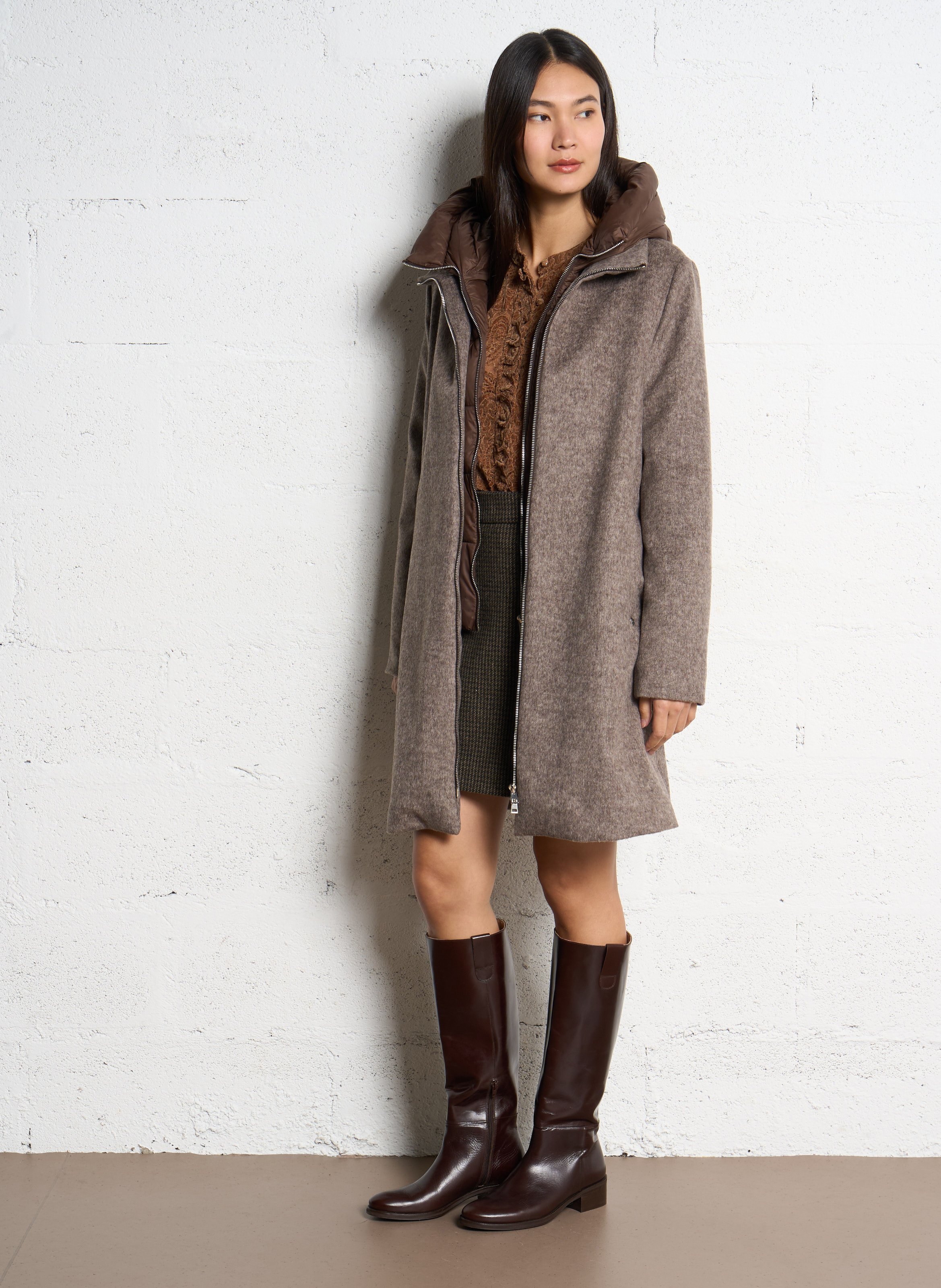 Manteau droit à capuche en laine mélangée PLEASE Marron