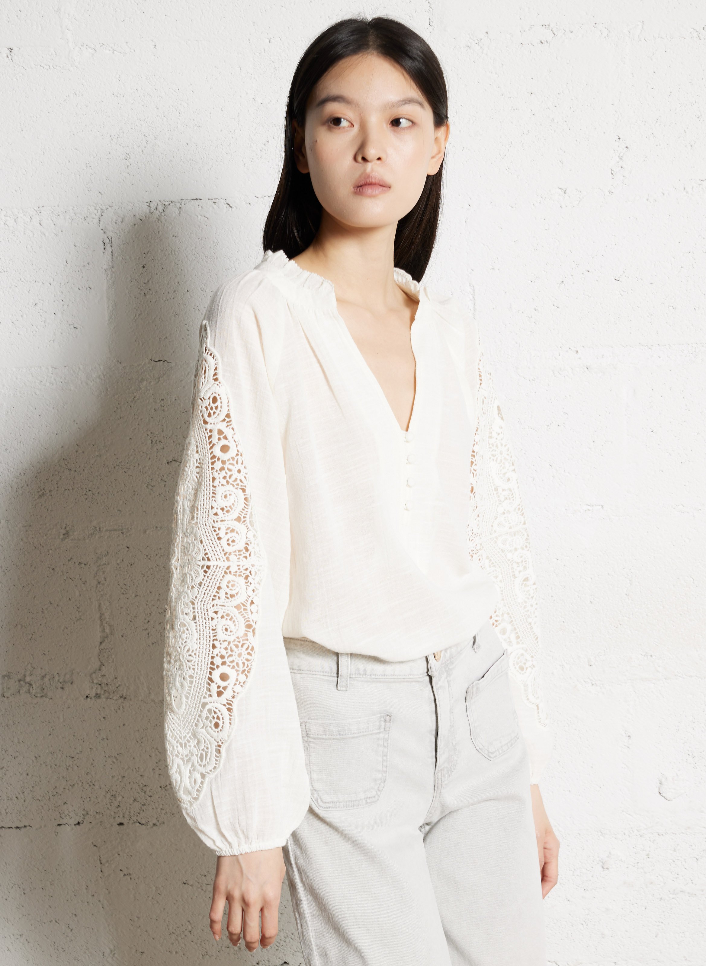 Blouse col V en coton  MAISON 123 Beige