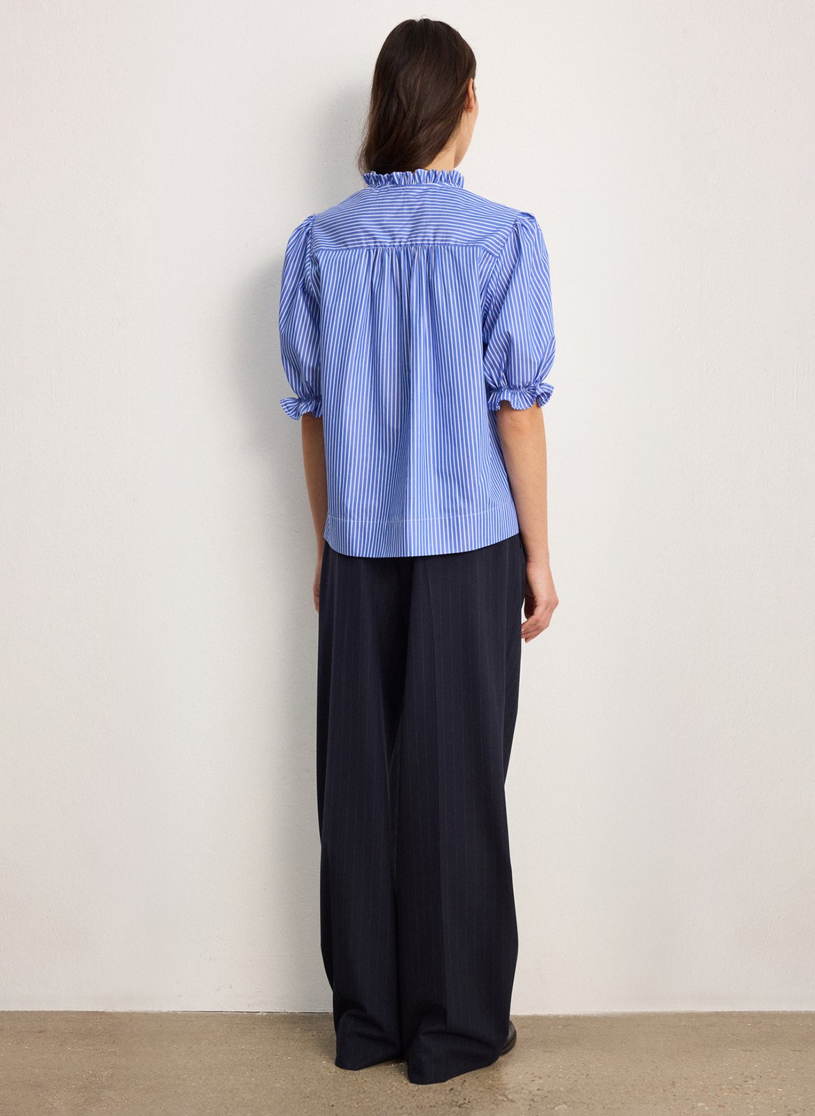 Blouse met V-hals in gestreept katoen PABLO Blauw