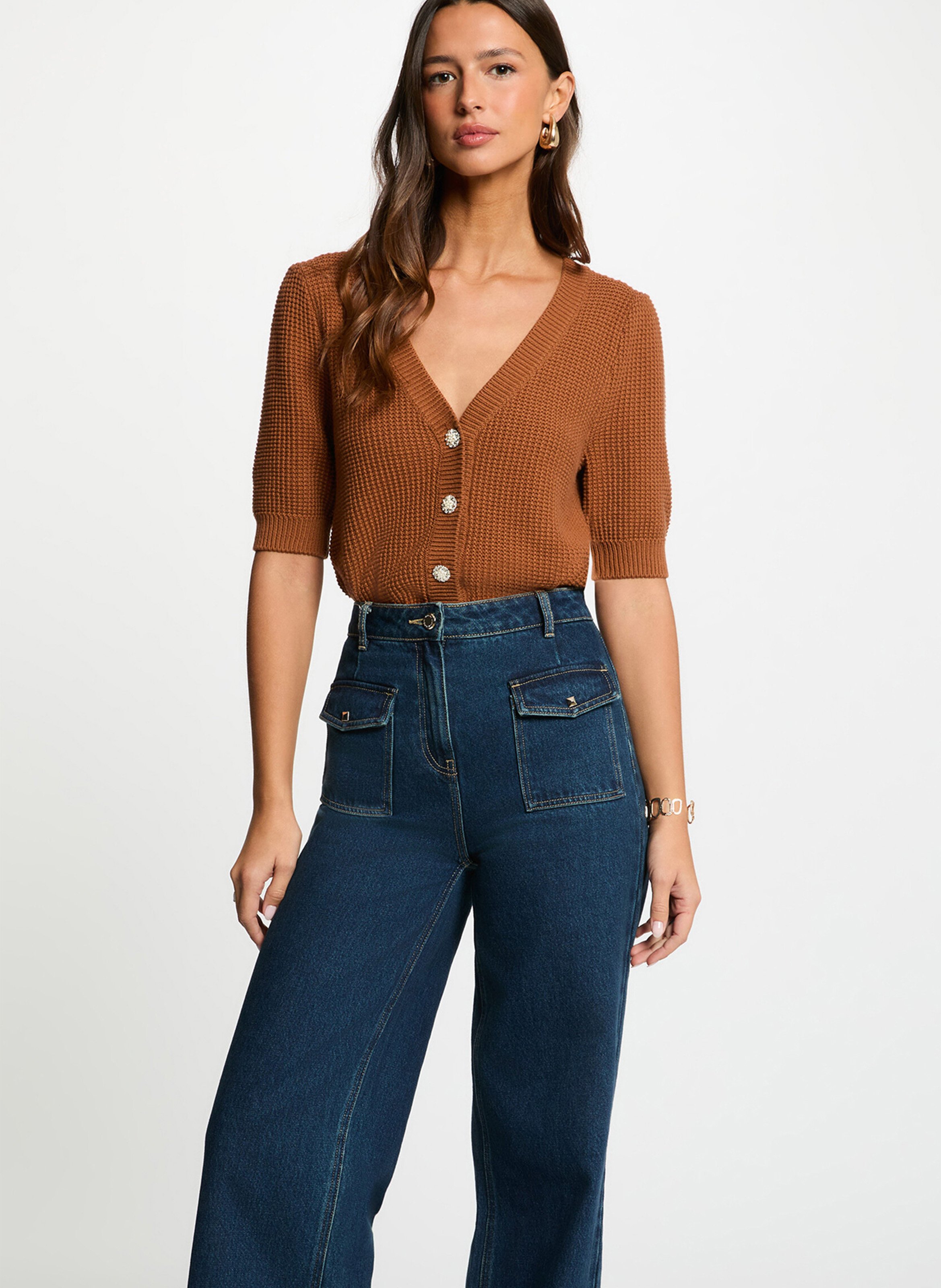 Cardigan met knoopsluiting in geribbelde breistof MORGAN