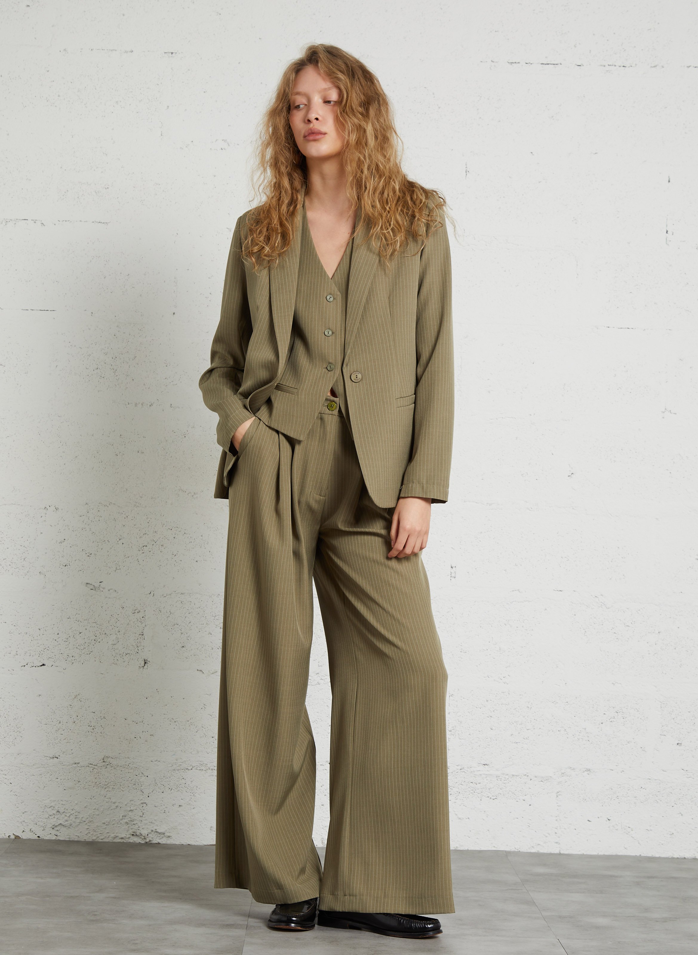 Sleeveless striped blazer. PLEASE Khaki