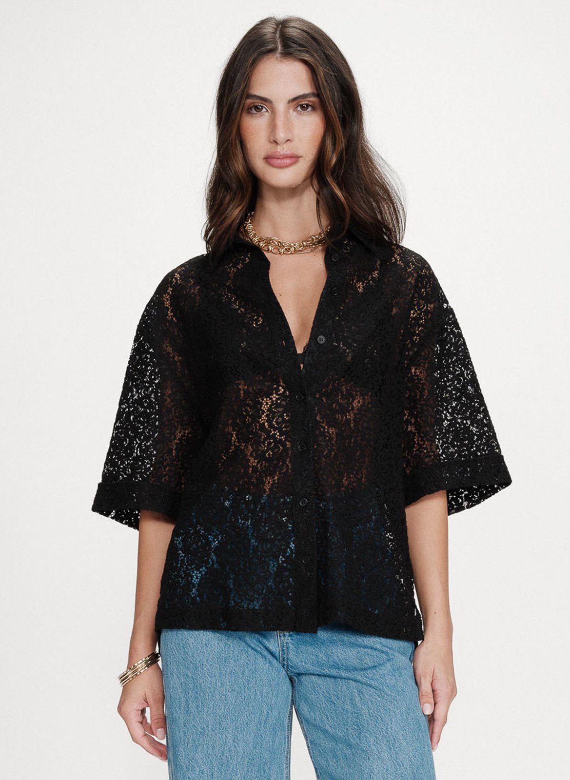 Chemise col classique en dentelle GRACE ET MILA Noir