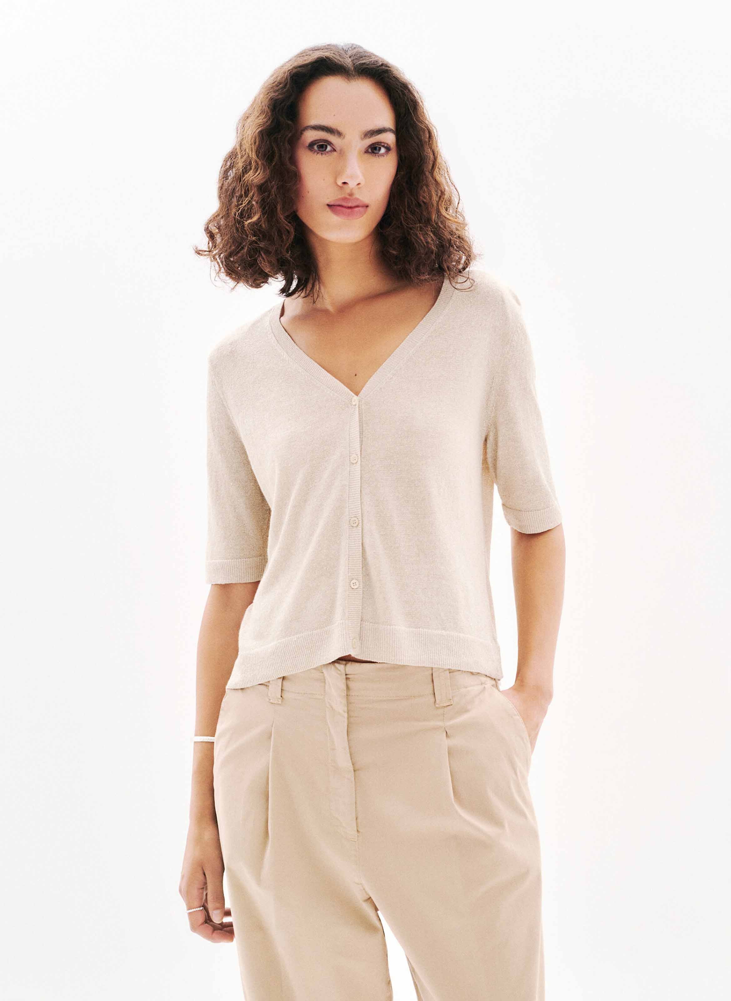 Cardigan col V manches courtes CAROLL Beige