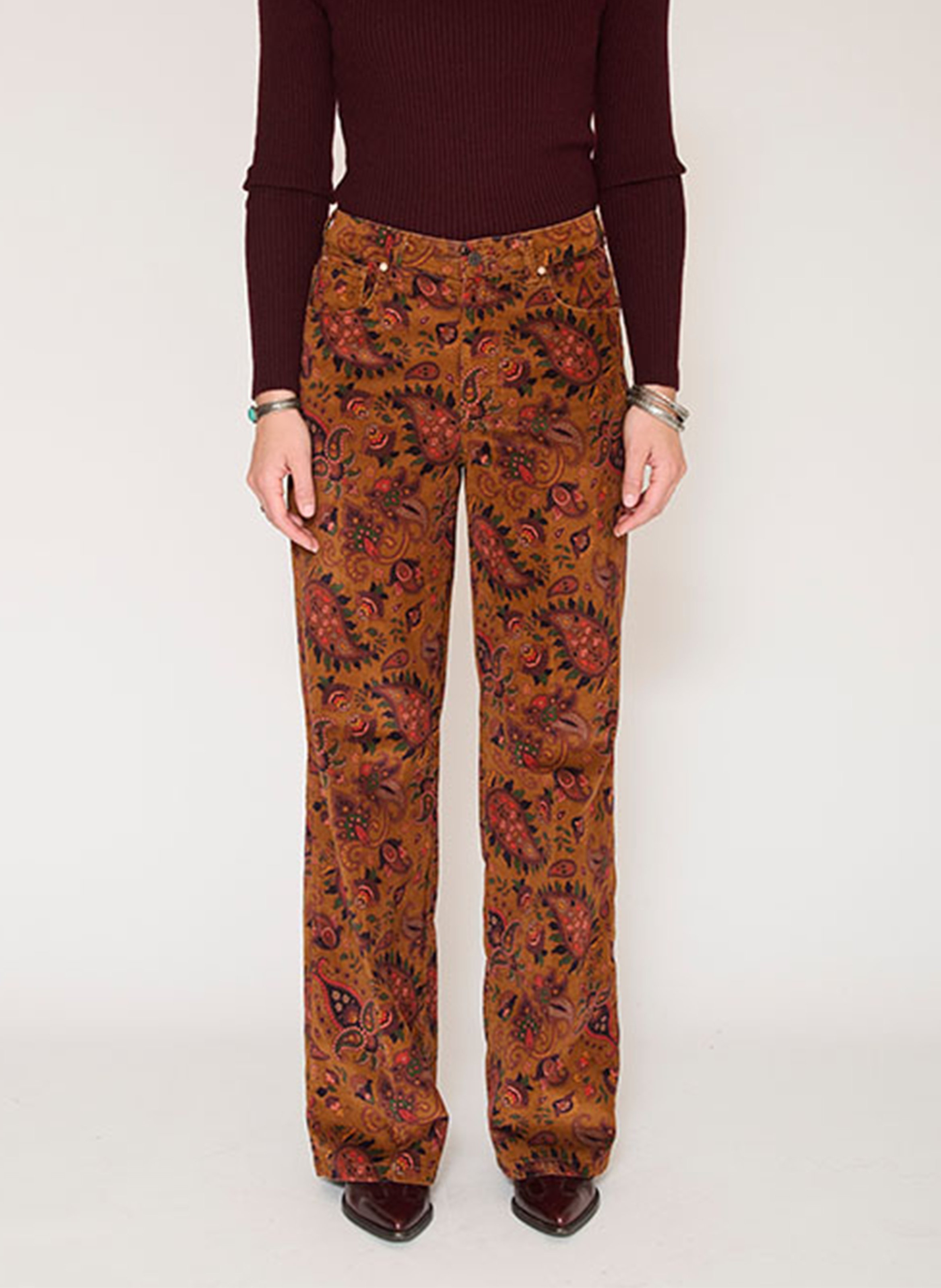 Rechte wijde broek met fluwelen print in gemengde katoenen stof MKT Bruin