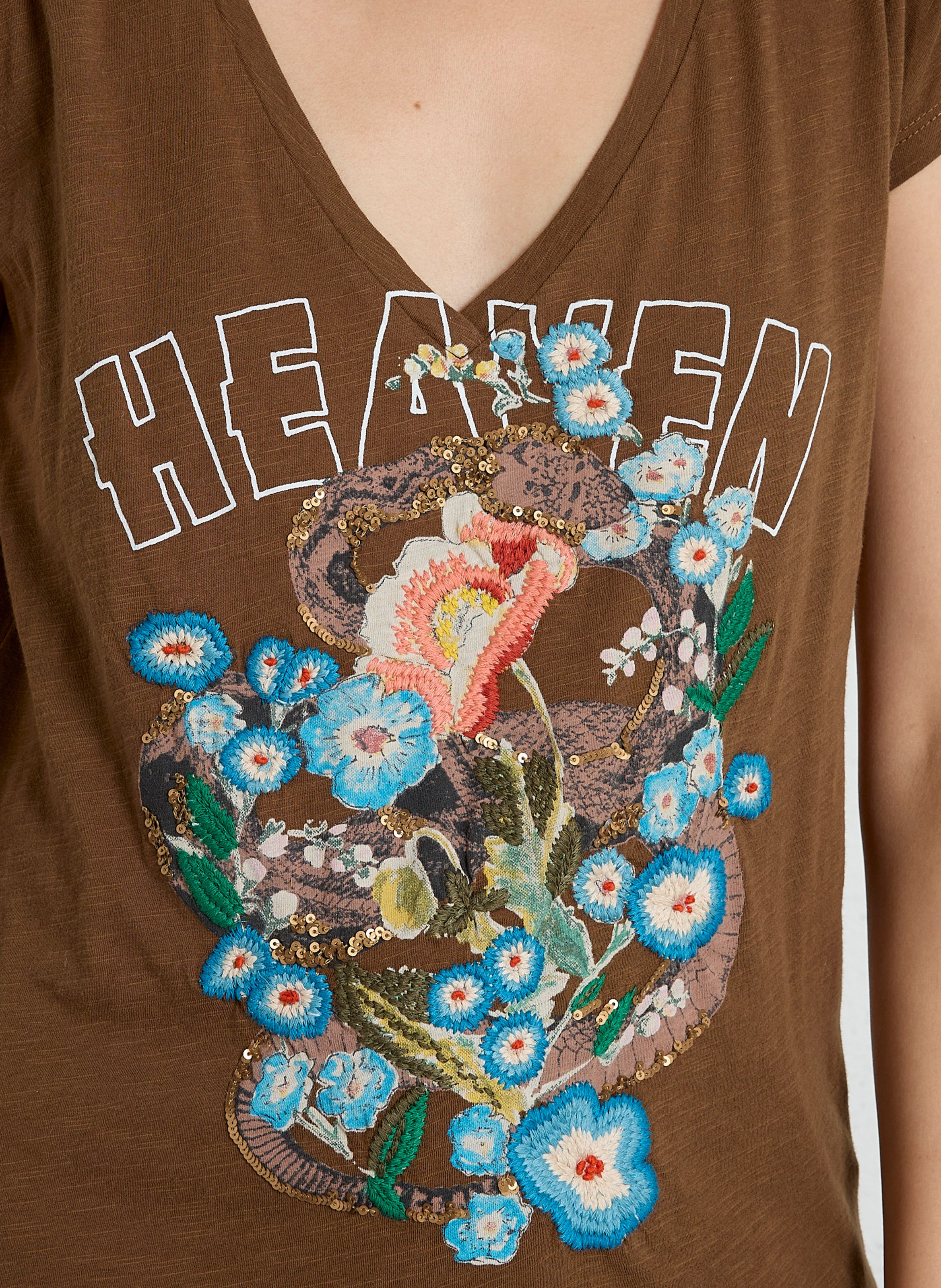 Tee-shirt droit brodé en coton bio LEON & HARPER Marron