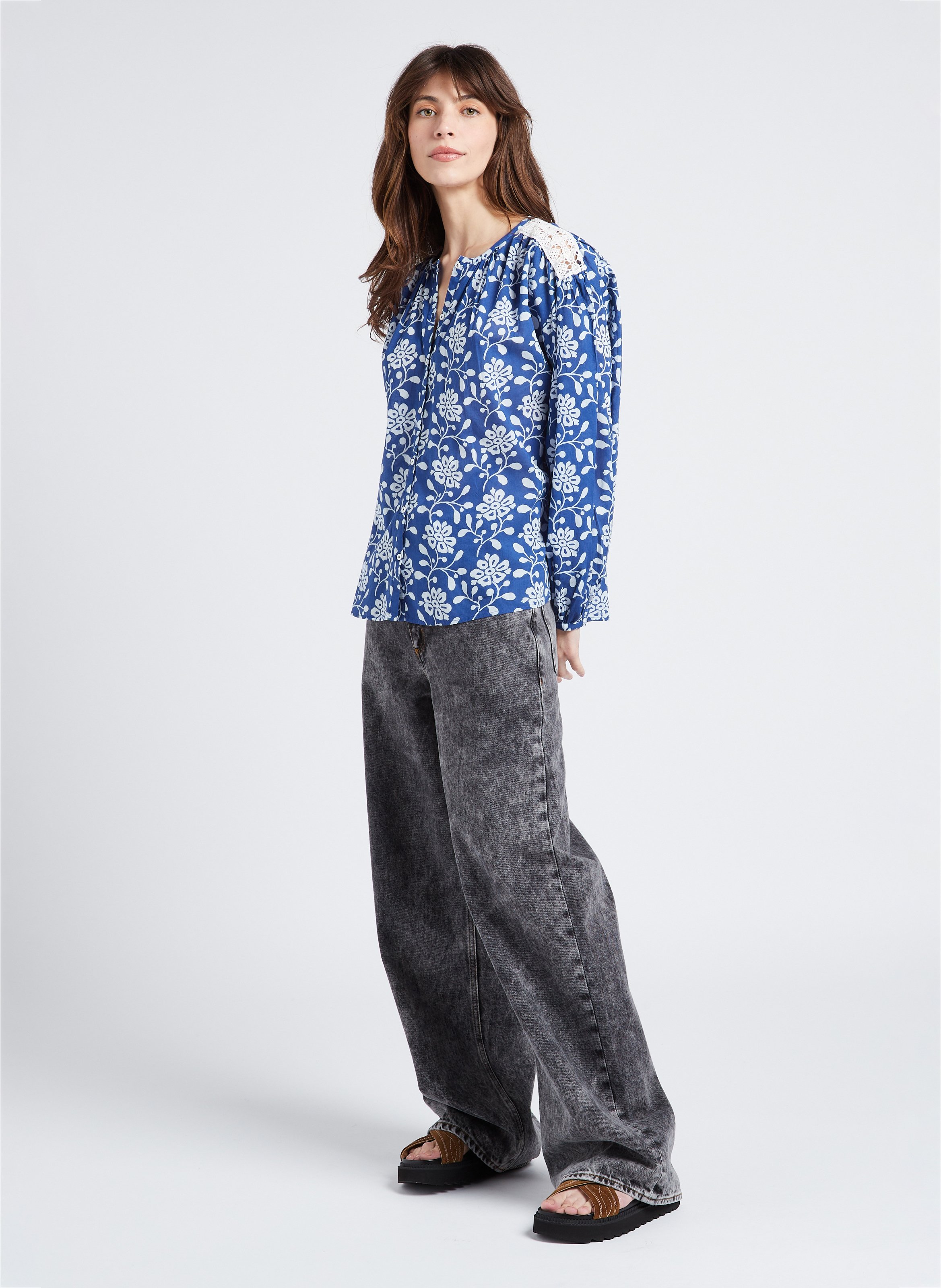Straight-cut printed cotton shirt with round neck SWILDENS Blue