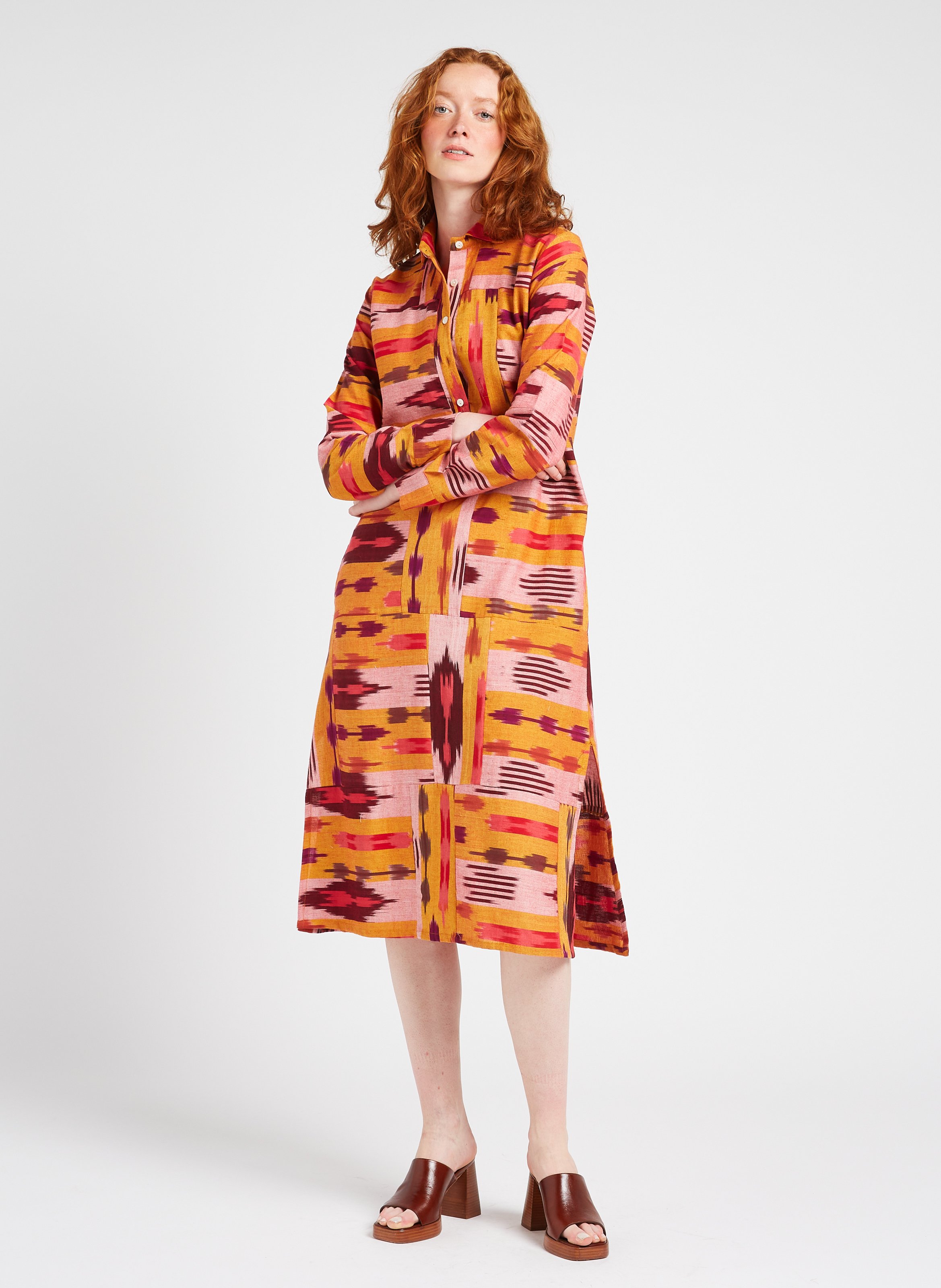 Midi shirt dress printed in cotton V DE VINSTER Yellow