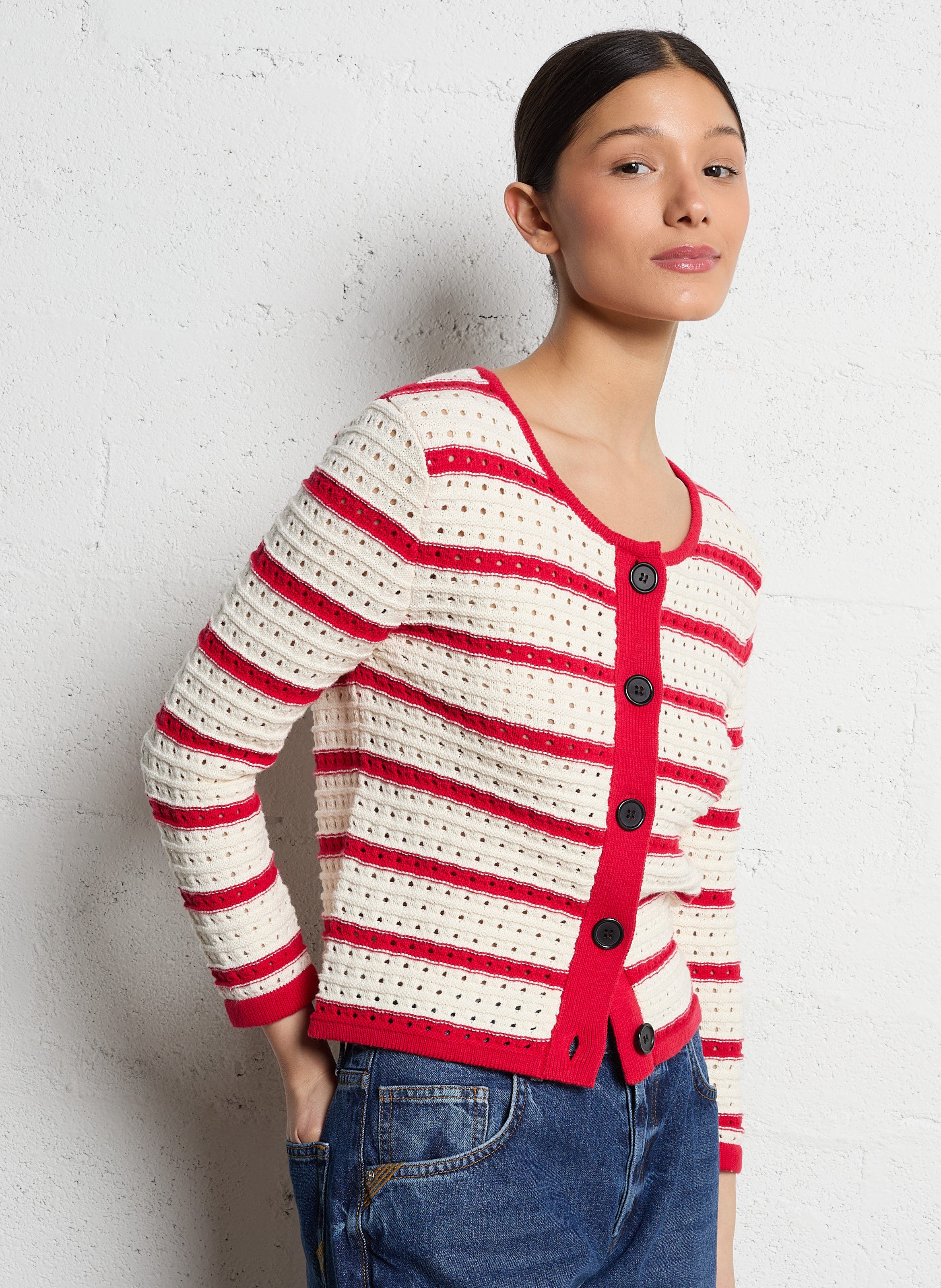 Straight round-neck cotton cardigan SOPHIE+LUCIE Red