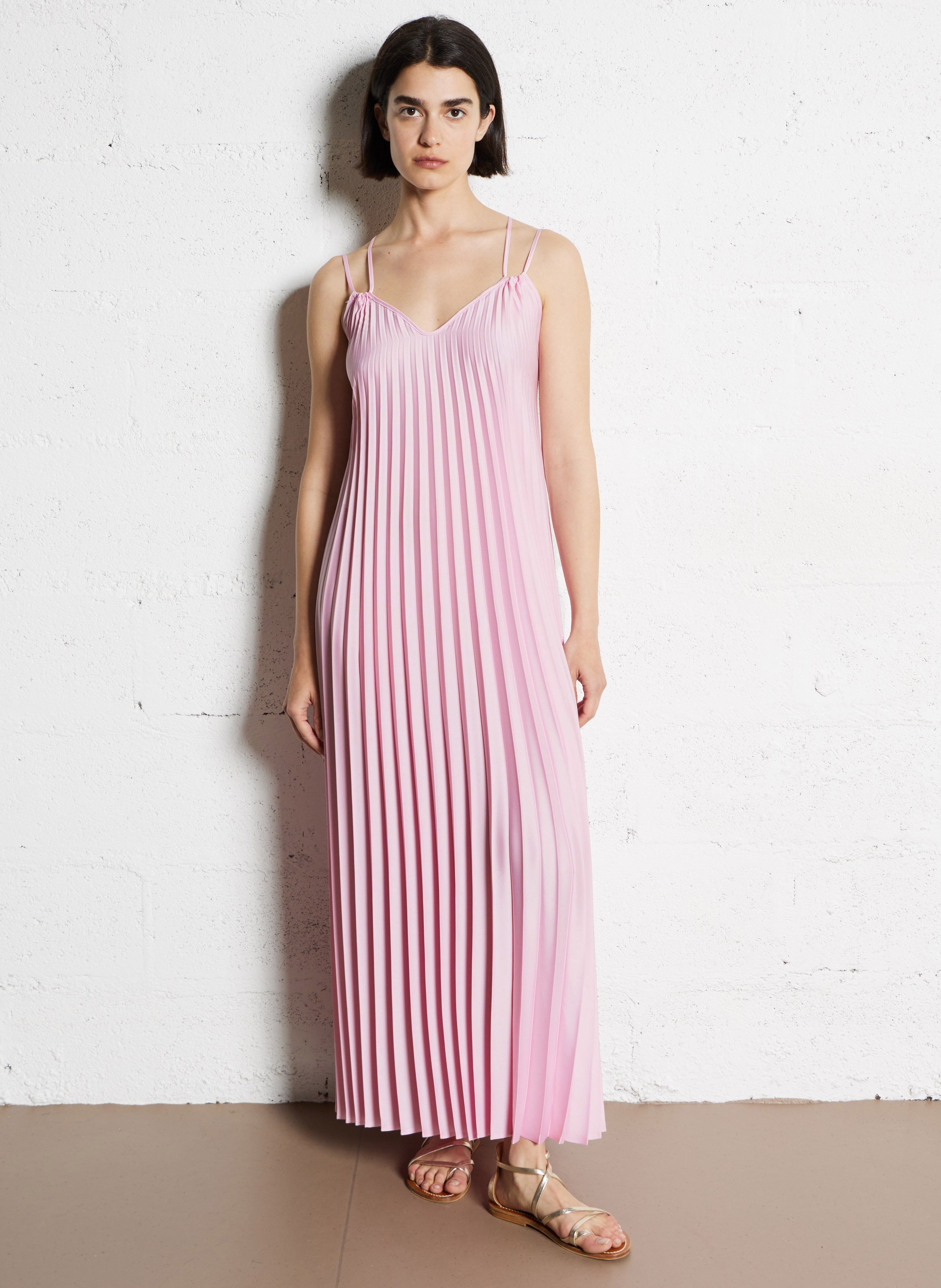 Satin Pleated V-Neck Midi Dress IMPERIAL Pink