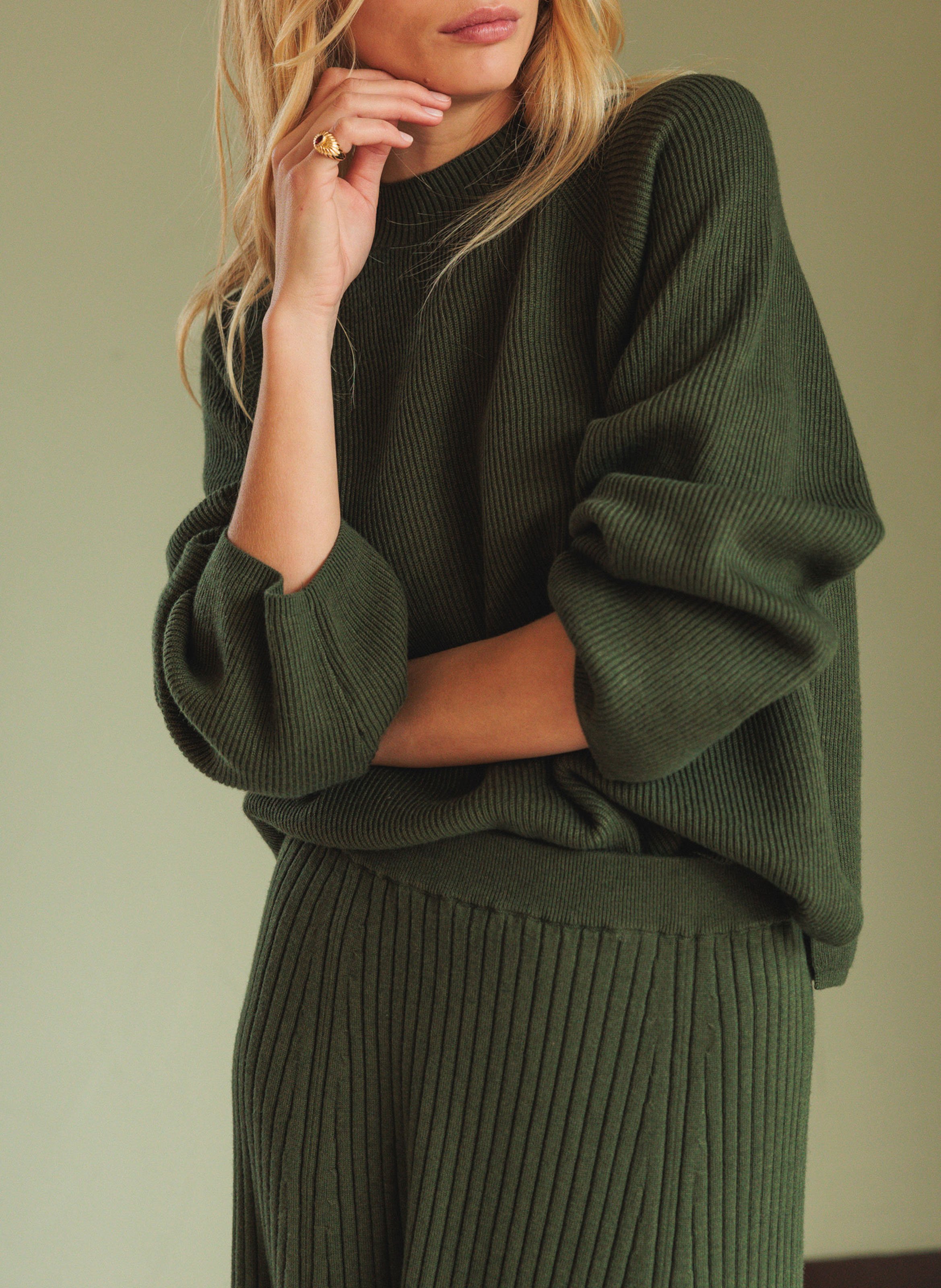 Effen trui van wolmix met lange mouwen en kant INDI & COLD Kaki