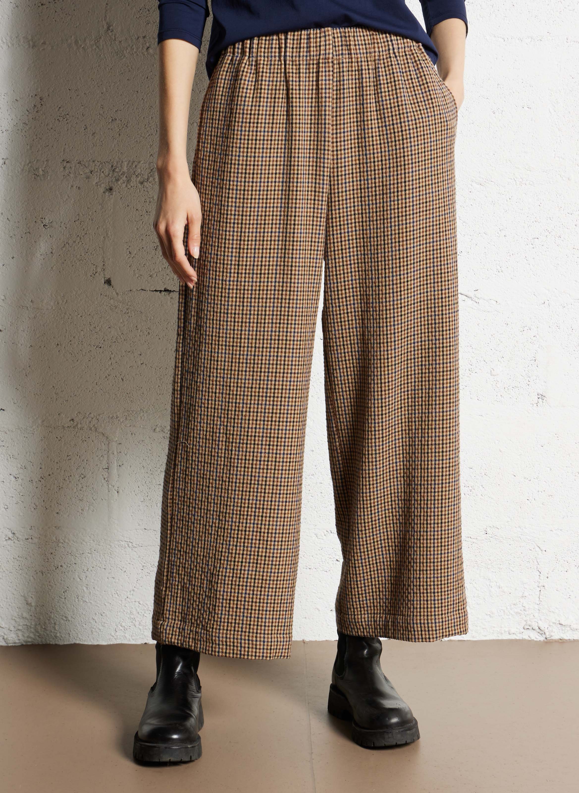 Pantalon large taille haute motif pied-de-poule NICE THINGS Beige