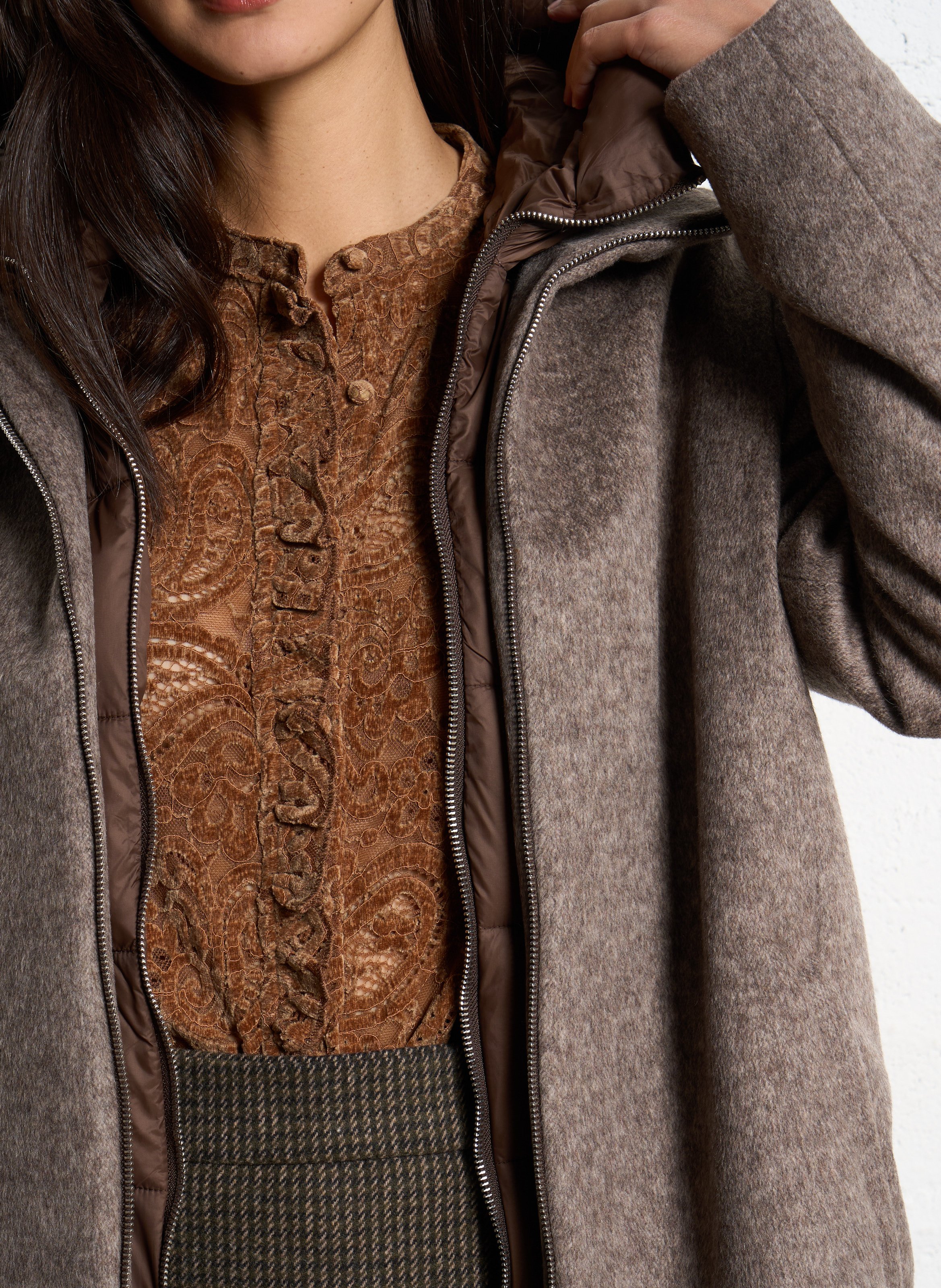 Manteau droit à capuche en laine mélangée PLEASE Marron