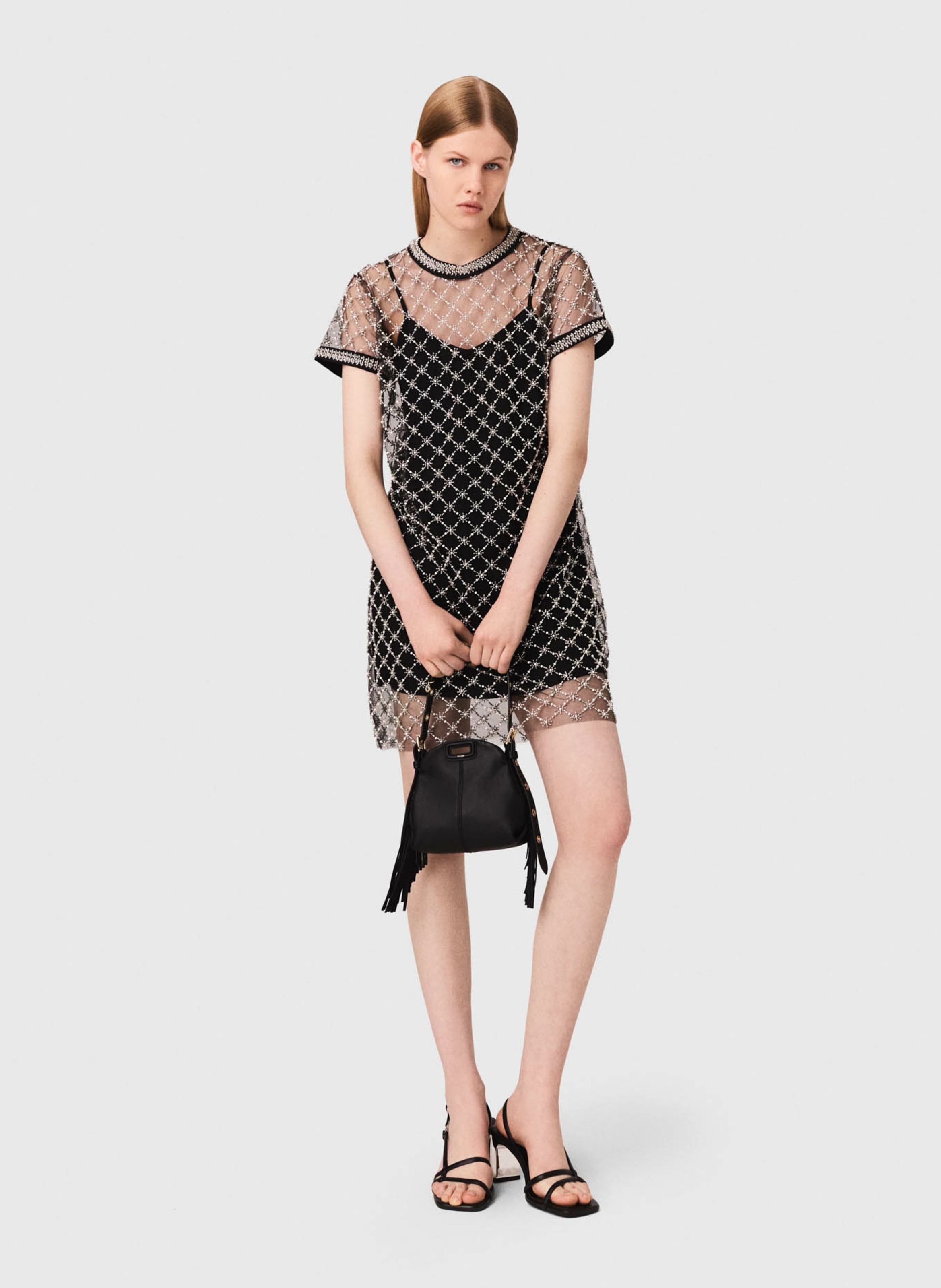 Short straight dress with beaded transparency MAJE Black