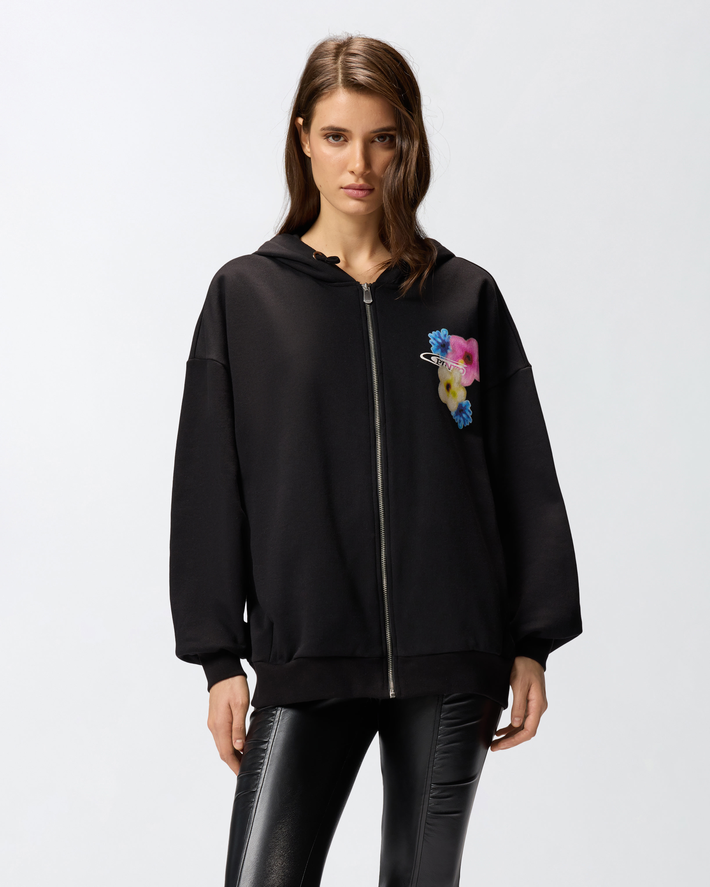 Hooded sweatshirt with floral print PINKO Black