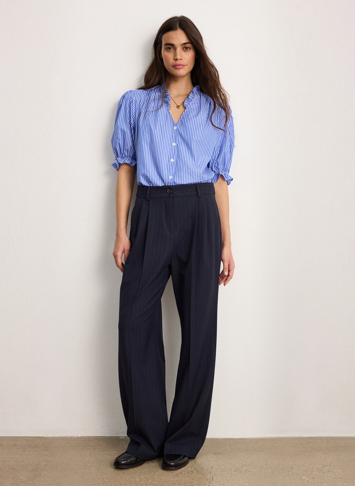 Blouse met V-hals in gestreept katoen PABLO Blauw