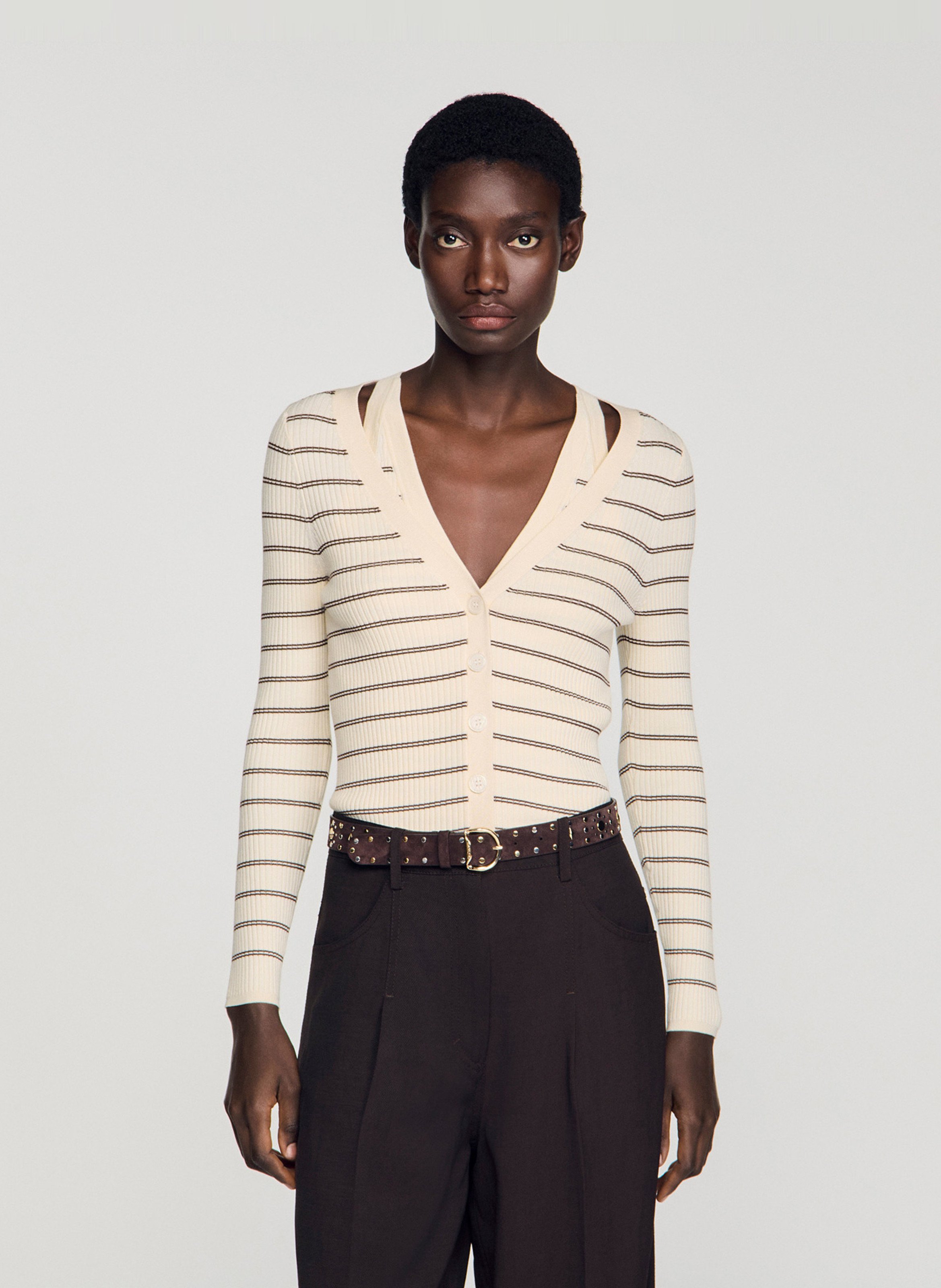 Fitted Striped Knit Cardigan SANDRO Beige