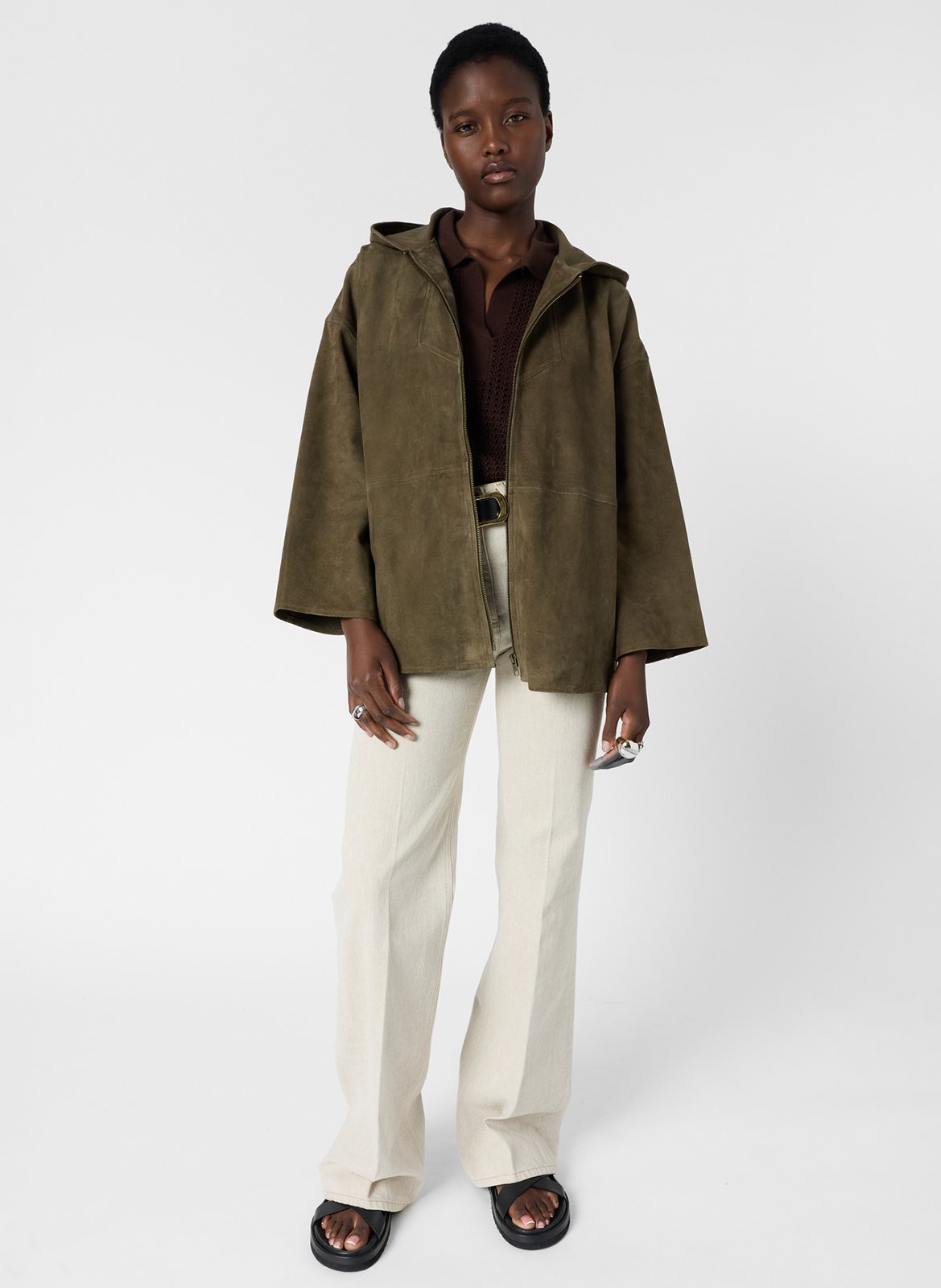 Veste droite col rond en cuir velours GERARD DAREL Kaki