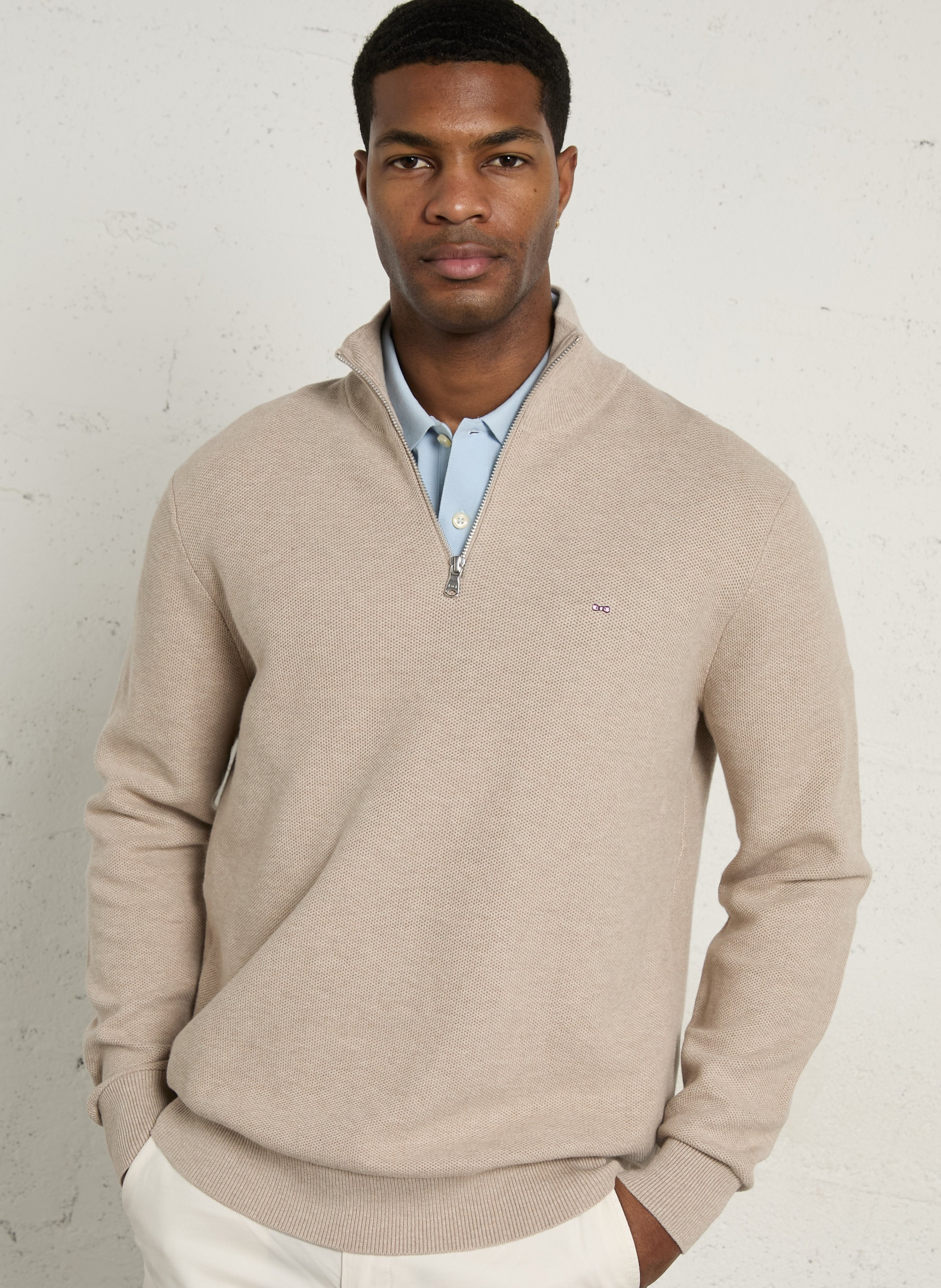 Pull droit col camionneur brodé en coton EDEN PARK Beige