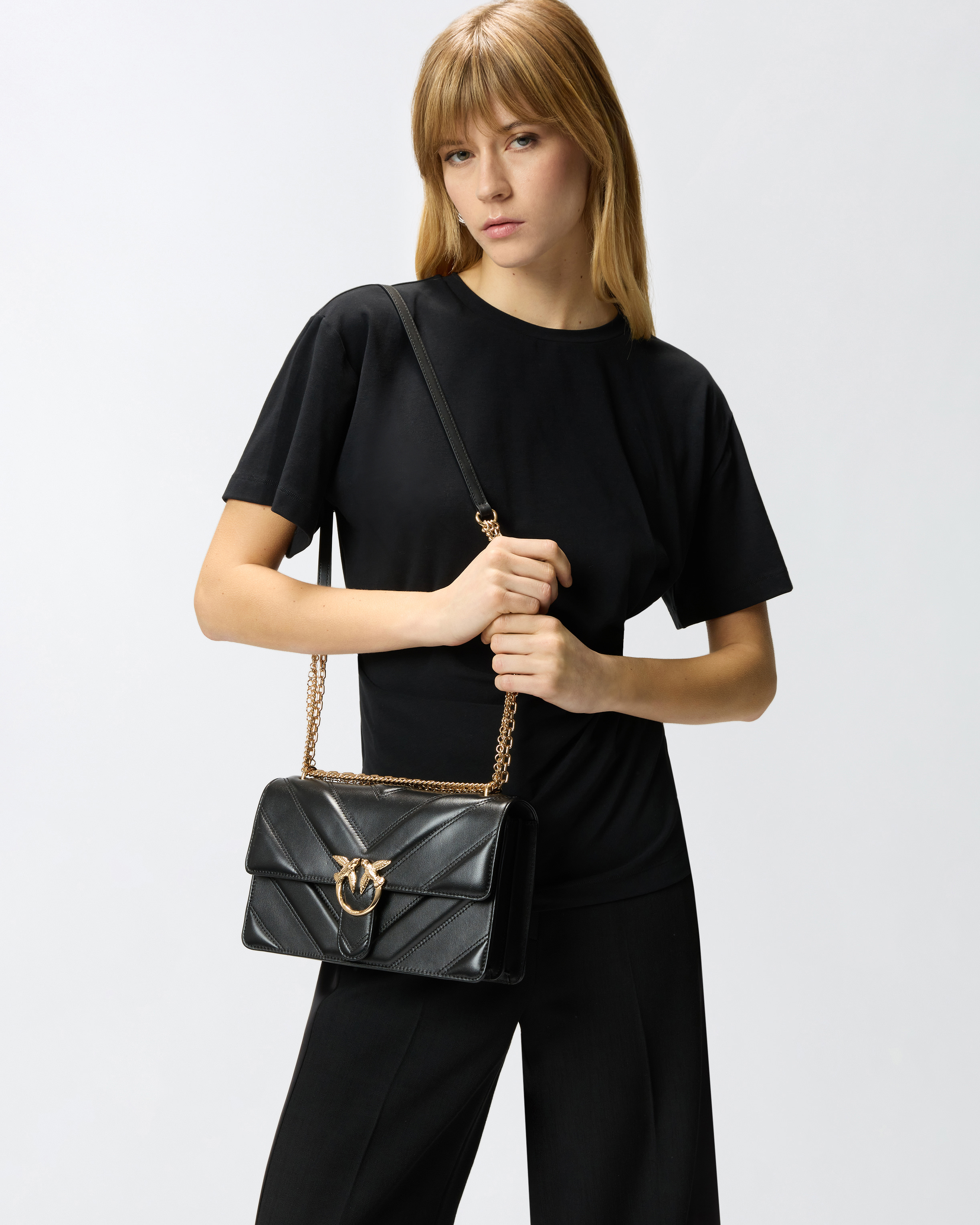 Sac porté épaule moyen love bag one en cuir et cuir nappa à chevrons et triple chaîne PINKO Multicolore