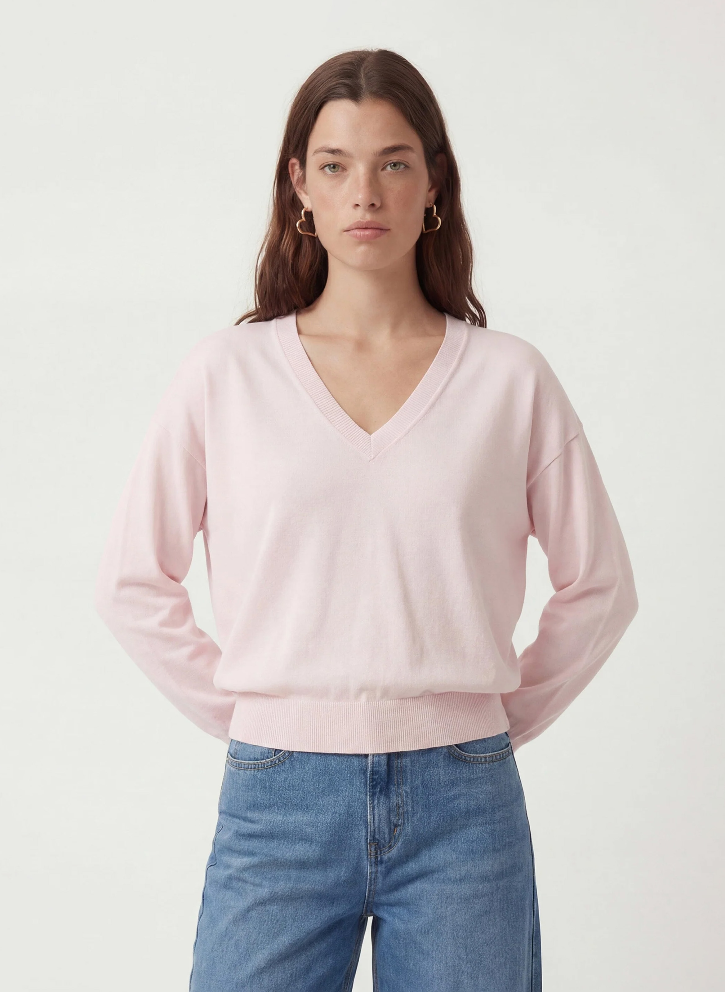 Gerade geschnittener Strick-Mix-Pullover mit V-Ausschnitt KOOKAI Rosa
