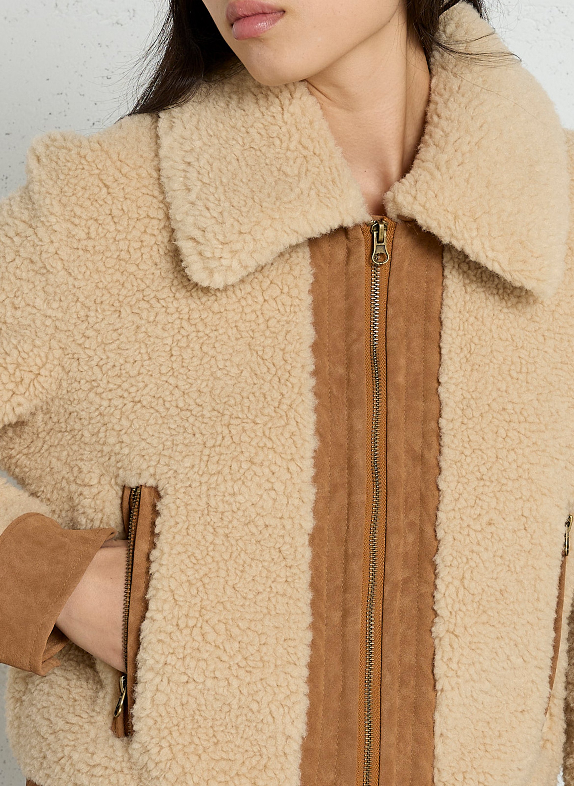 Veste droite courte effet fourrure LEON & HARPER Marron