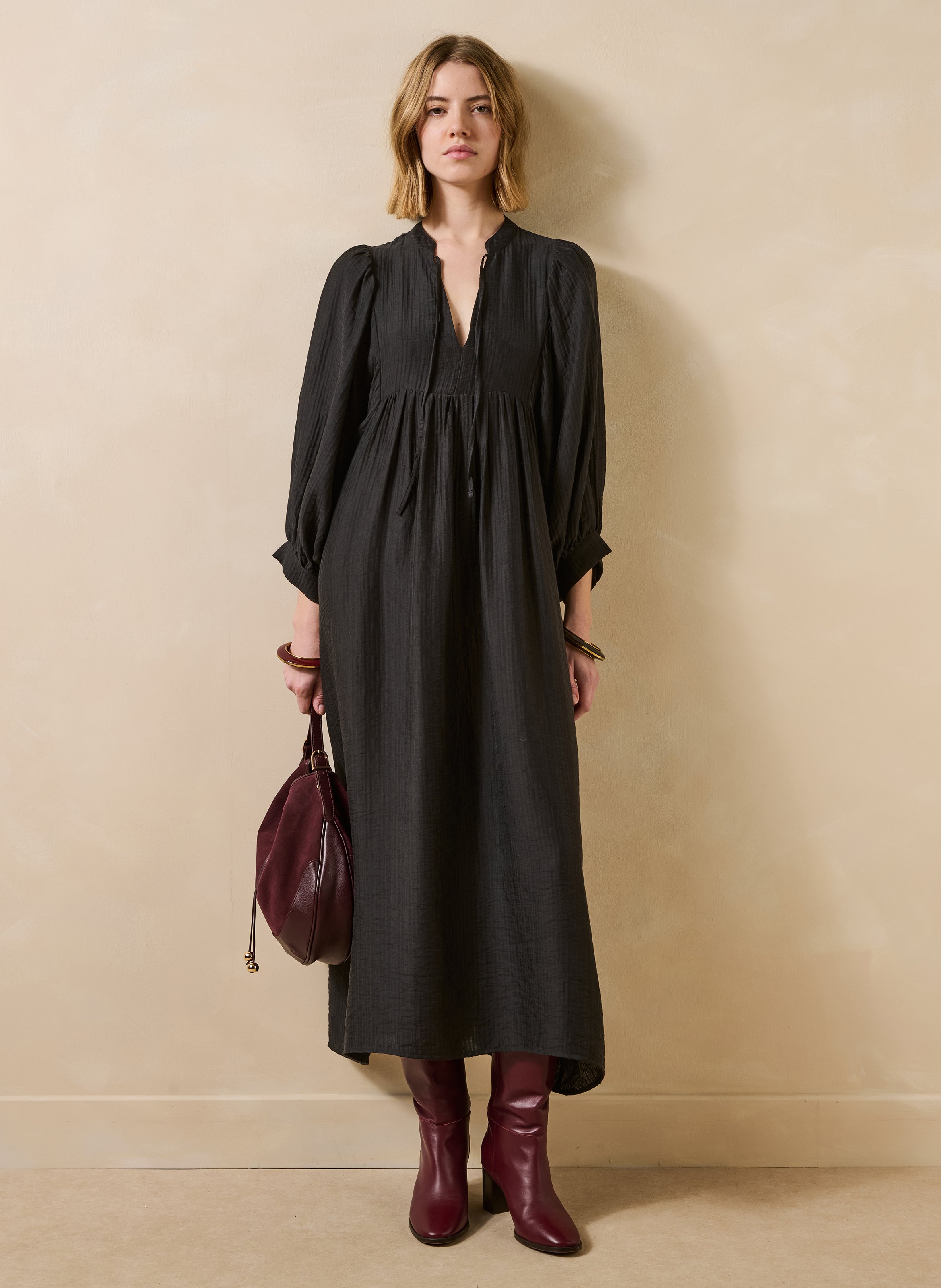 Loose long dress with Tunisian collar LA FEE MARABOUTEE Black