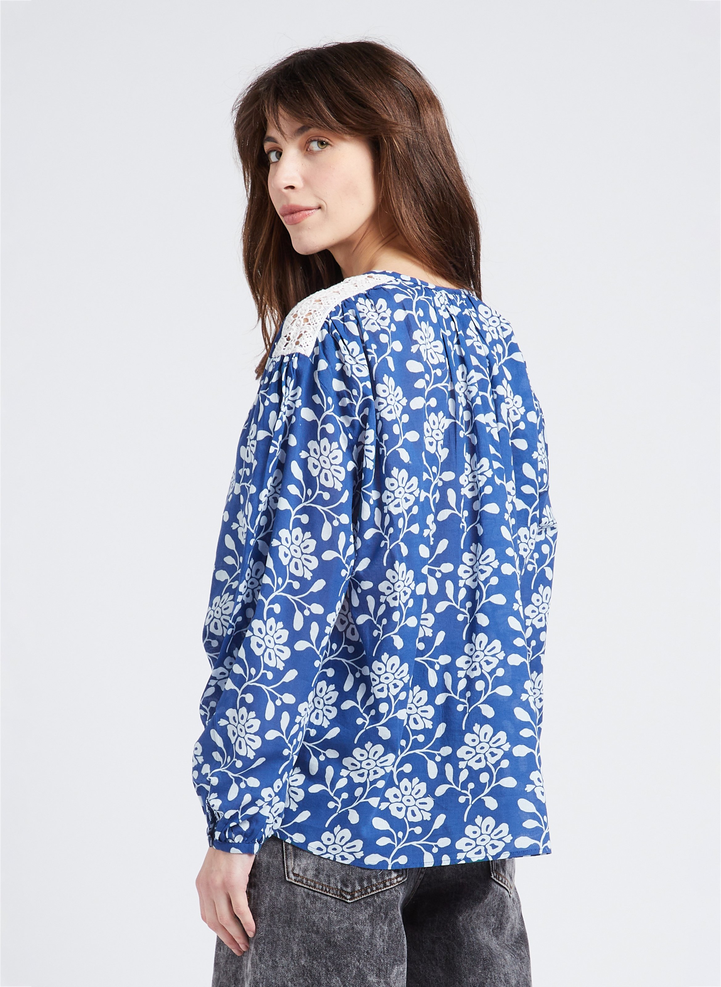 Straight-cut printed cotton shirt with round neck SWILDENS Blue