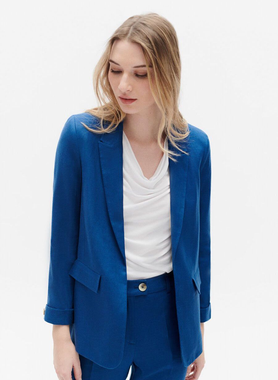 Veste tailleur droite en lin Bleu