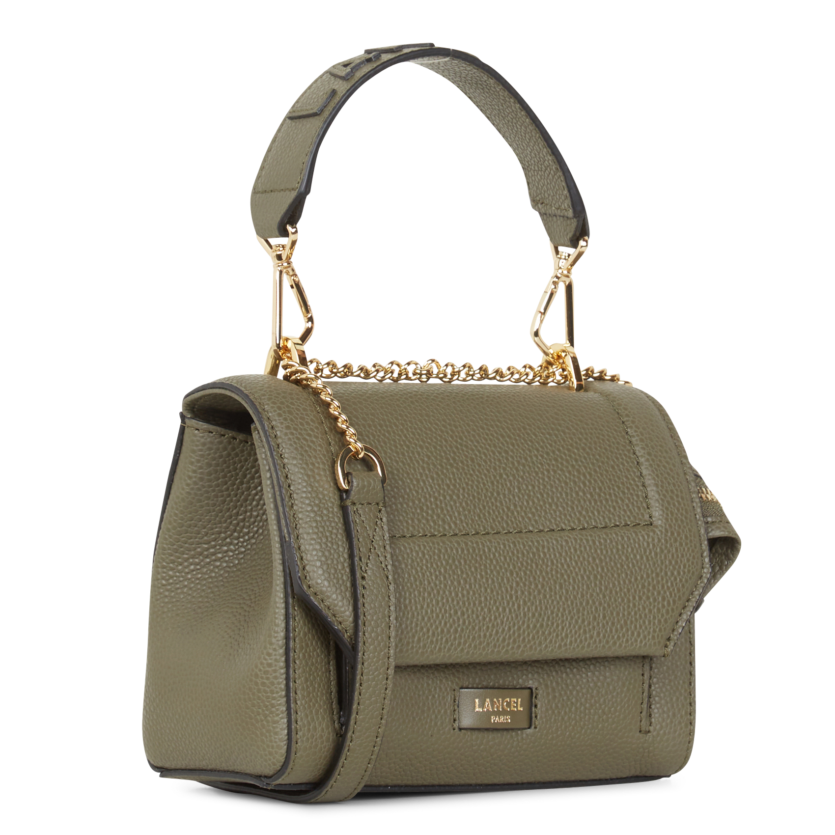 Sac à rabat petit modèle en cuir grainé LANCEL Kaki