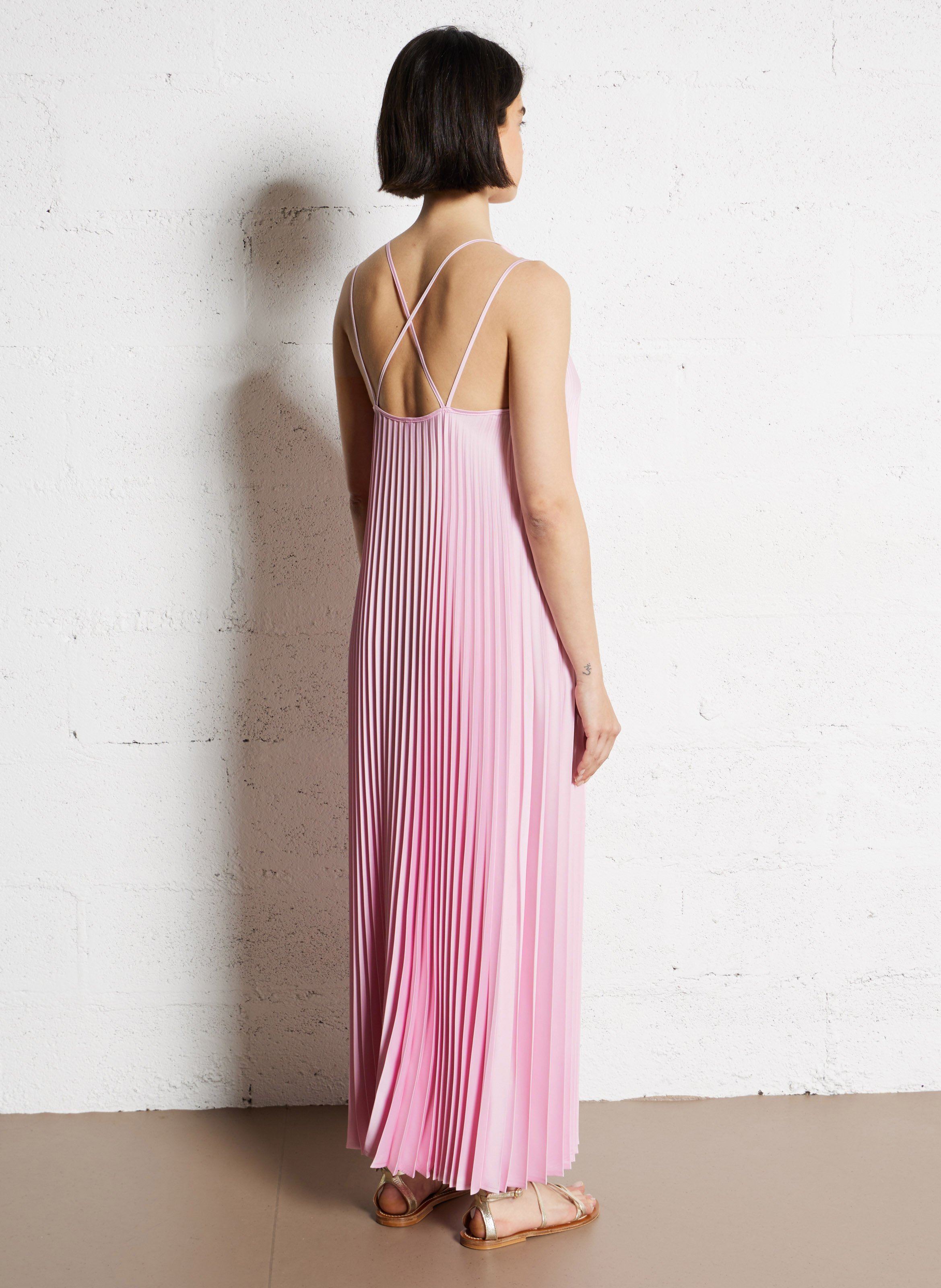 Satin Pleated V-Neck Midi Dress IMPERIAL Pink