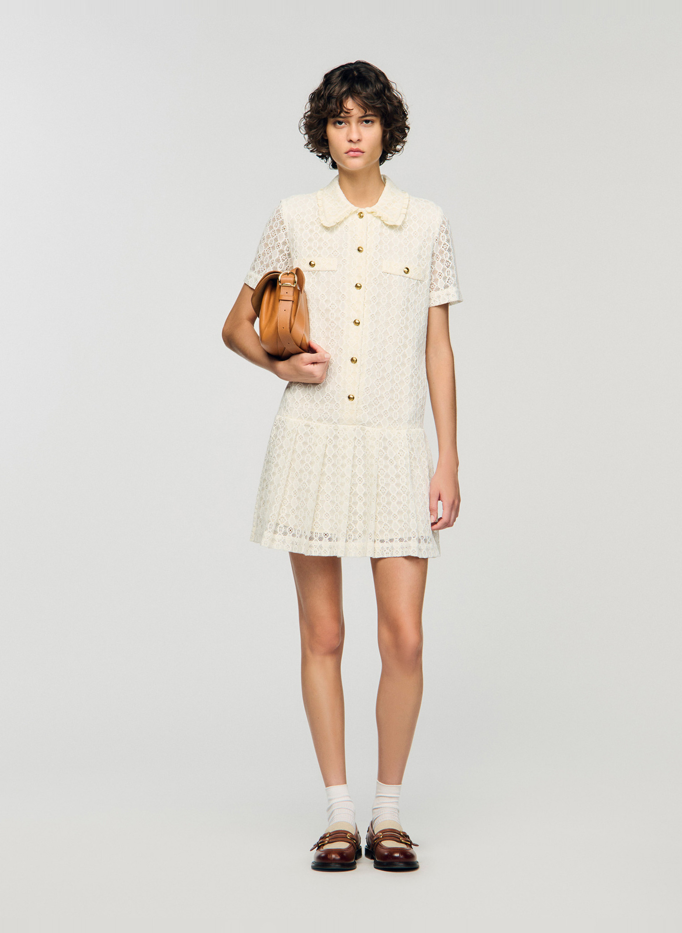 Korte jurk met kraag en kant SANDRO Wit
