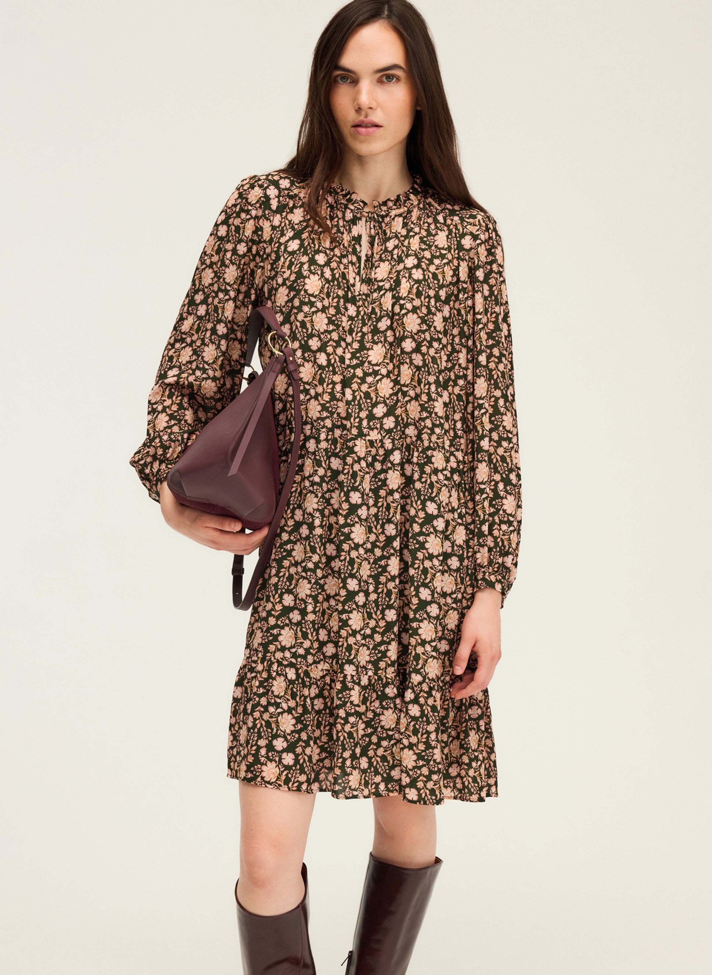 Halflange jurk met ronde hals en print PABLO Kaki