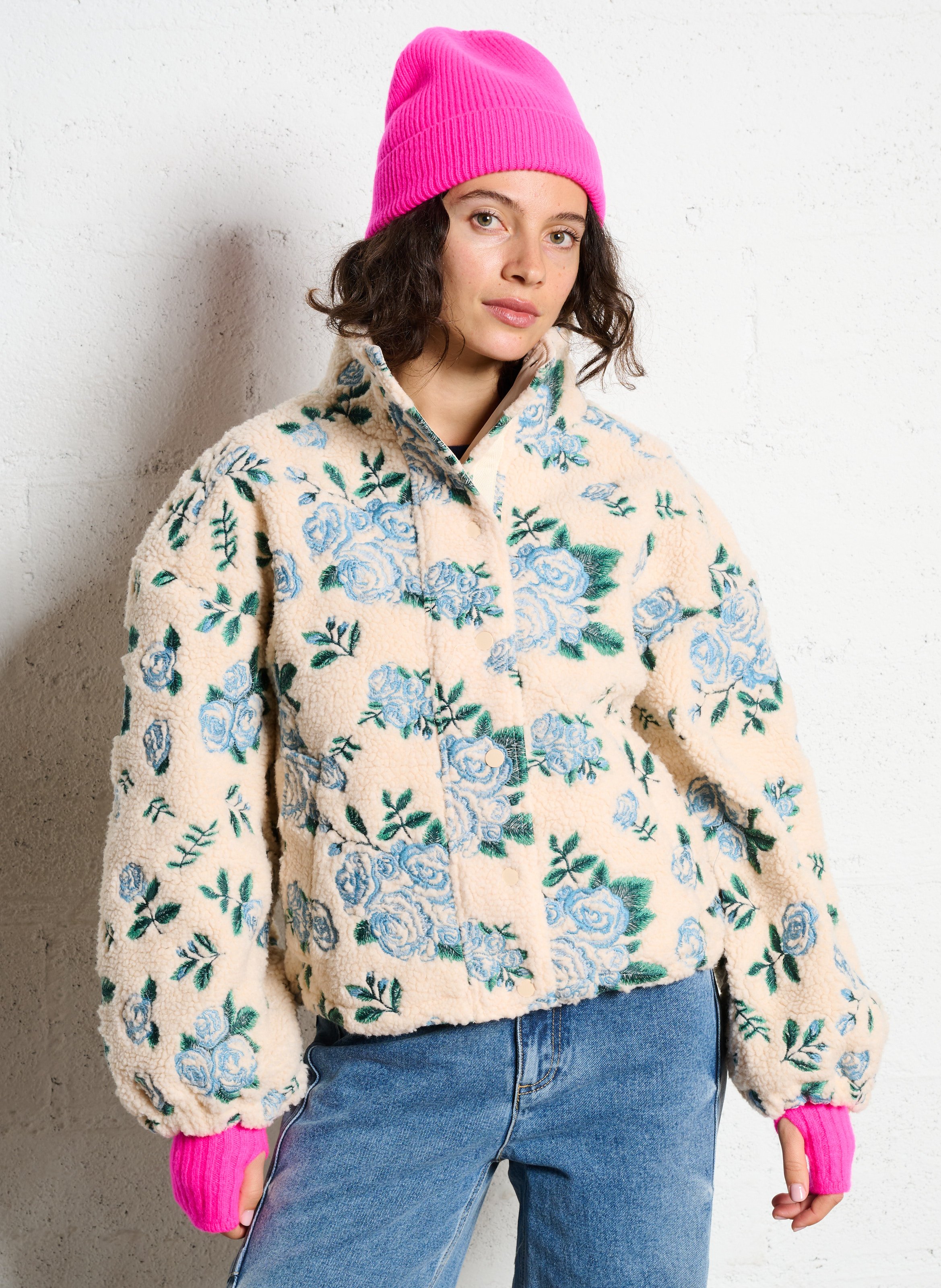 Veste oversize col montant brodée THE TINY BIG SISTER Beige