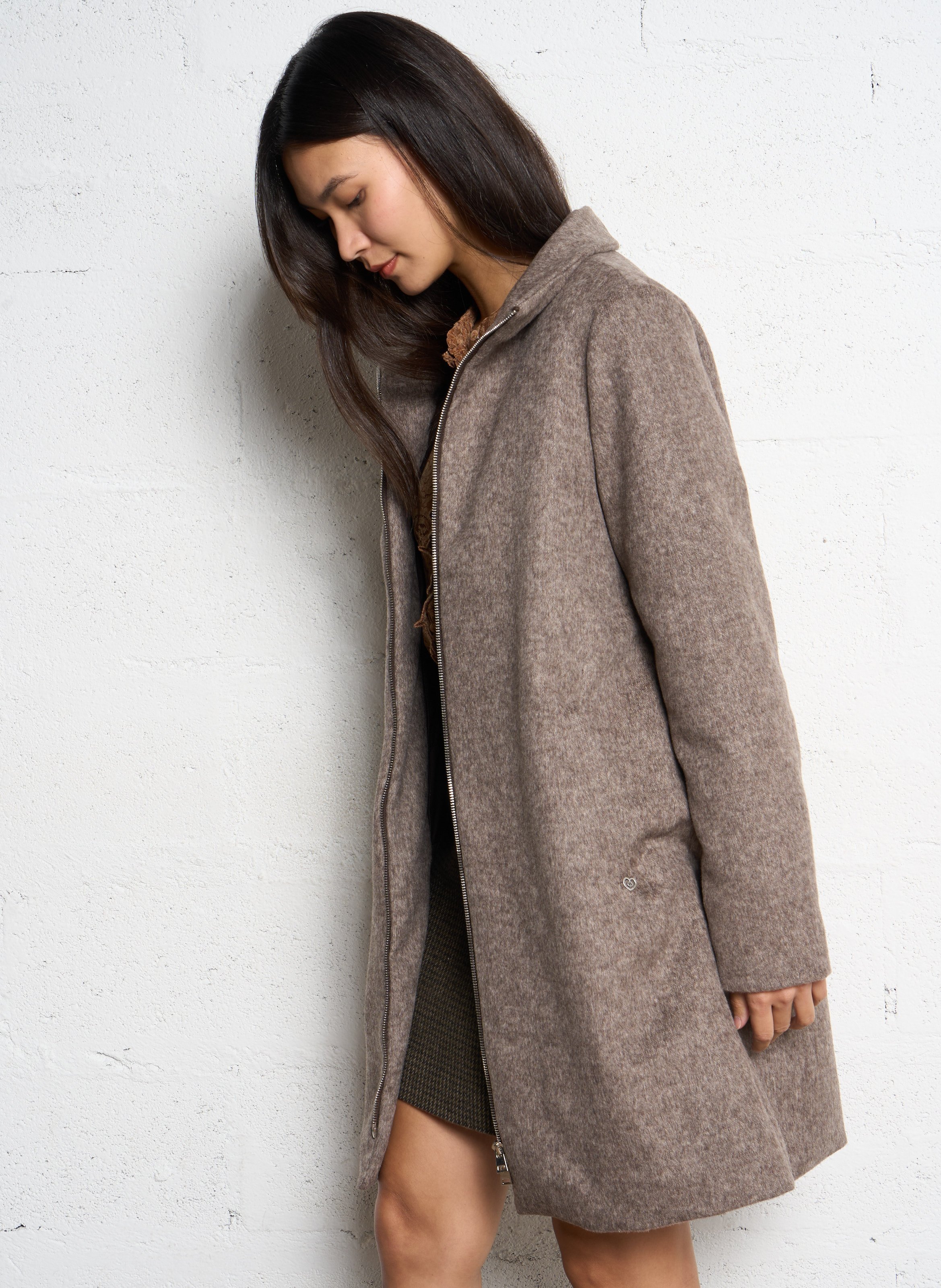 Manteau droit à capuche en laine mélangée PLEASE Marron