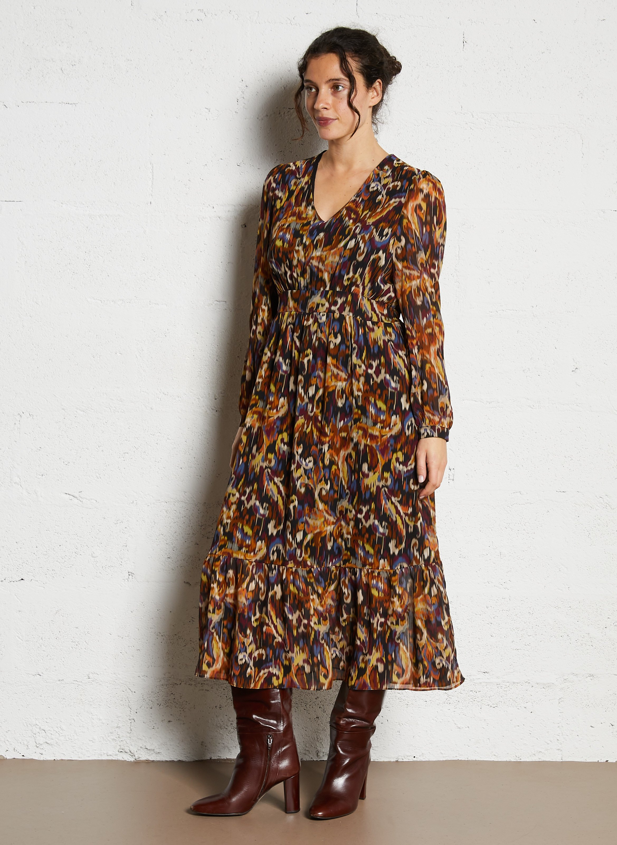 Robe midi imprimée col v SUD EXPRESS Jaune