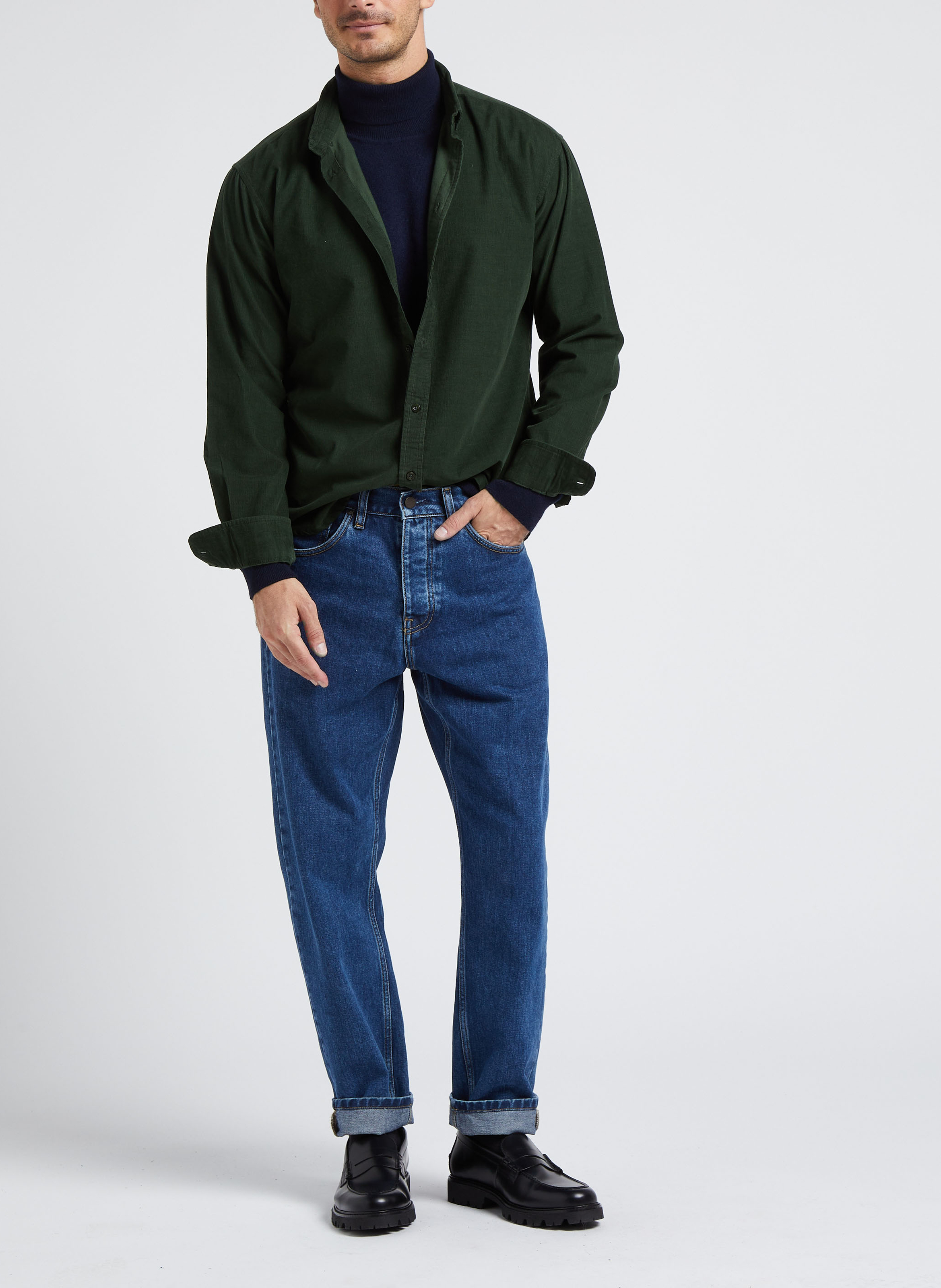 Rechte blouse van corduroy met klassieke kraag THINKING MU Groen