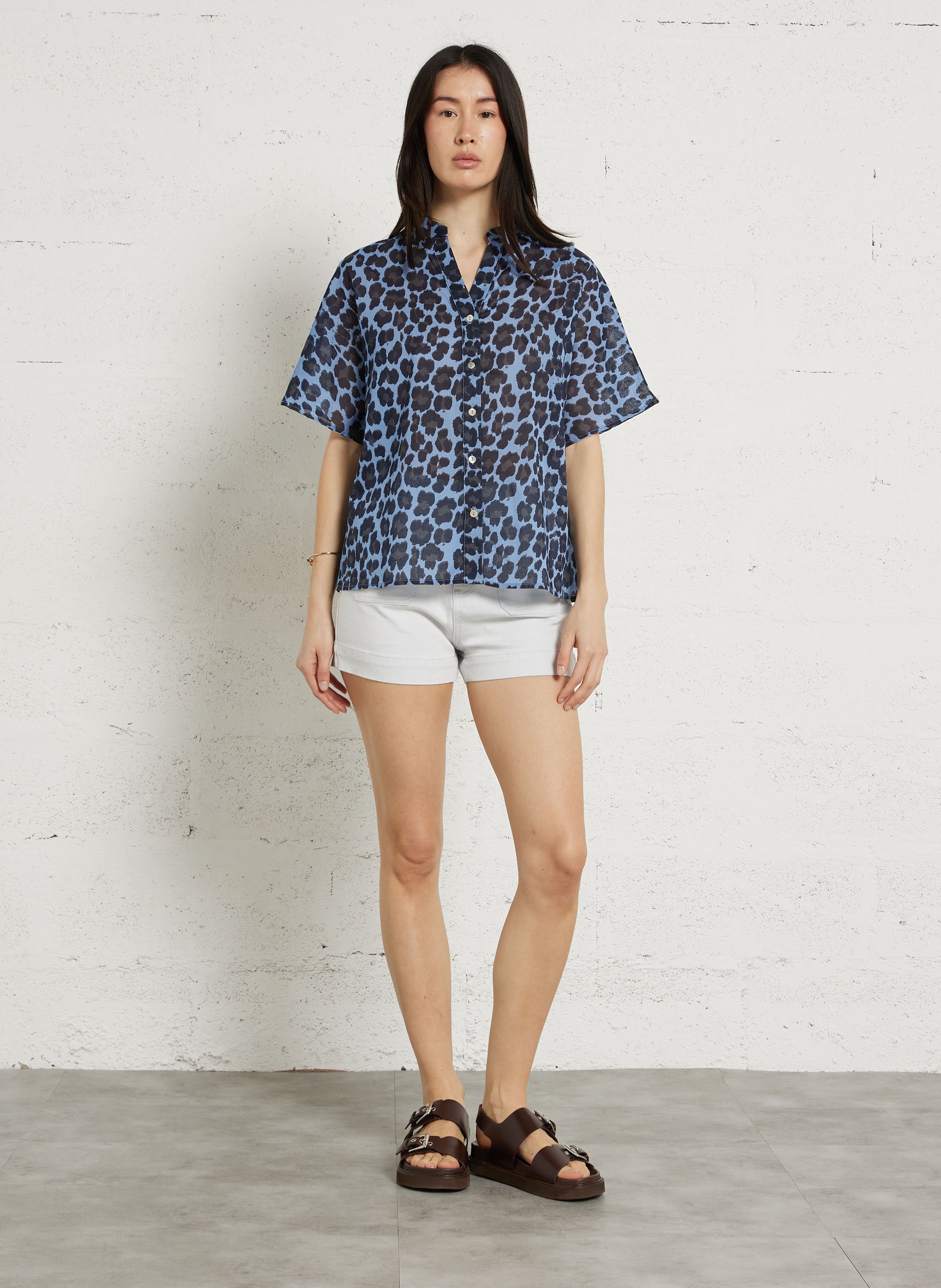 Oversized Tunisian collar cotton shirt LE TEMPS DES CERISES Blue