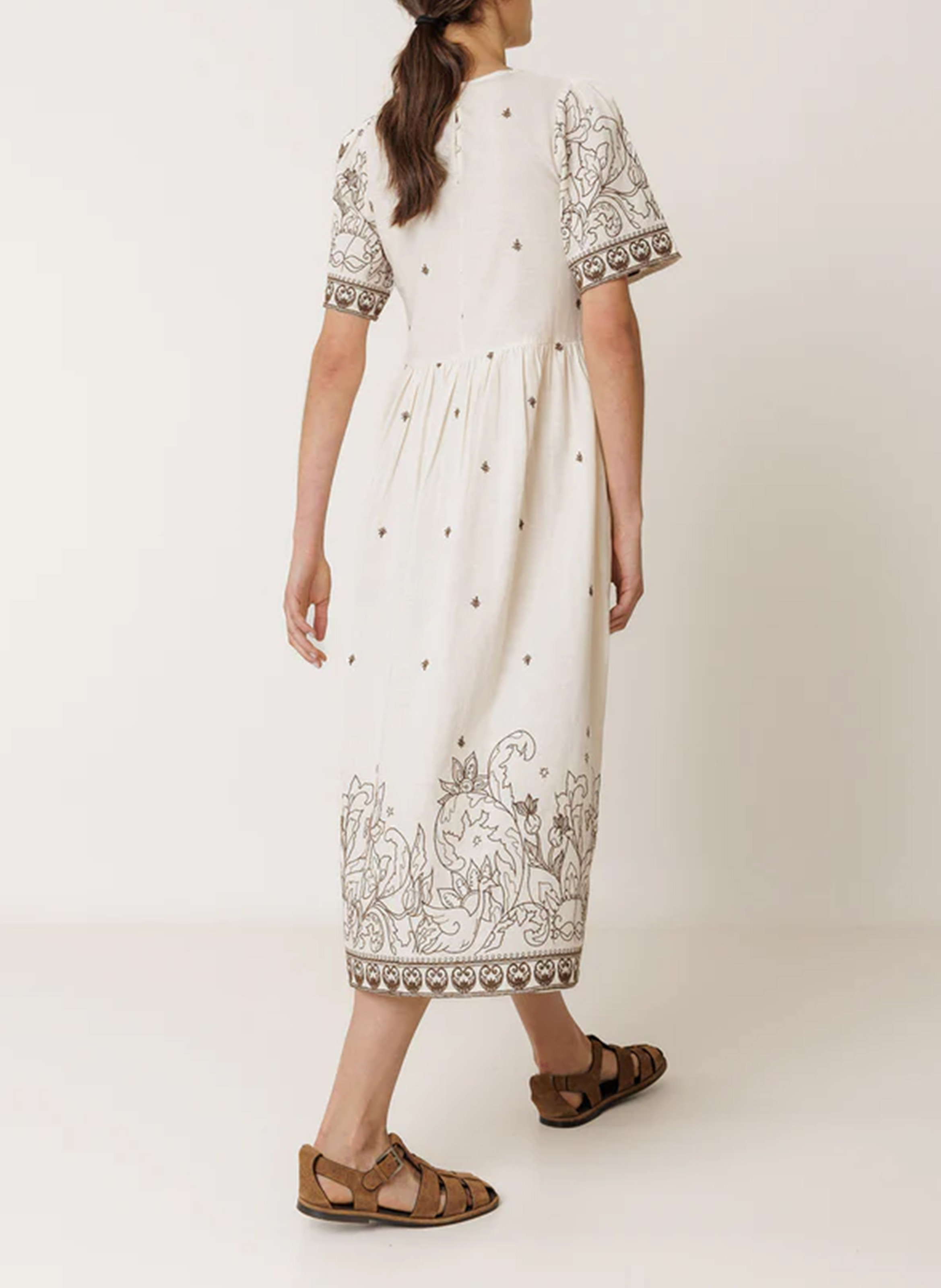 Robe midi col V en coton mélangé Beige