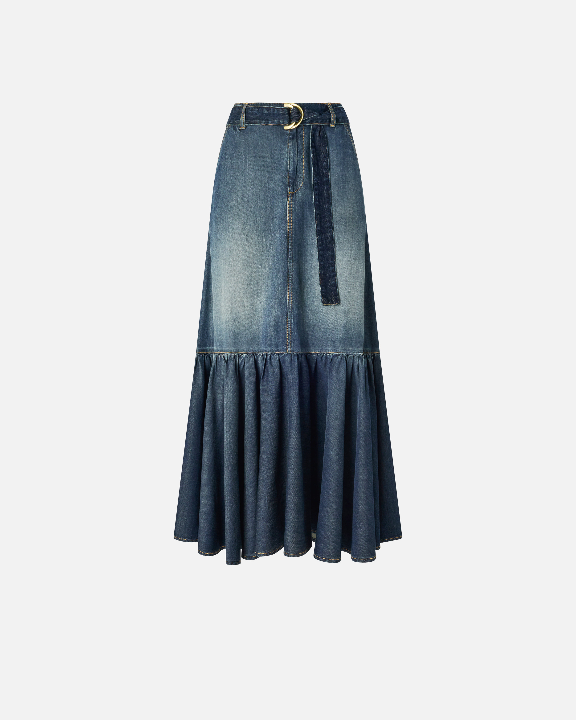 Flounced and belted long denim skirt PINKO Blue