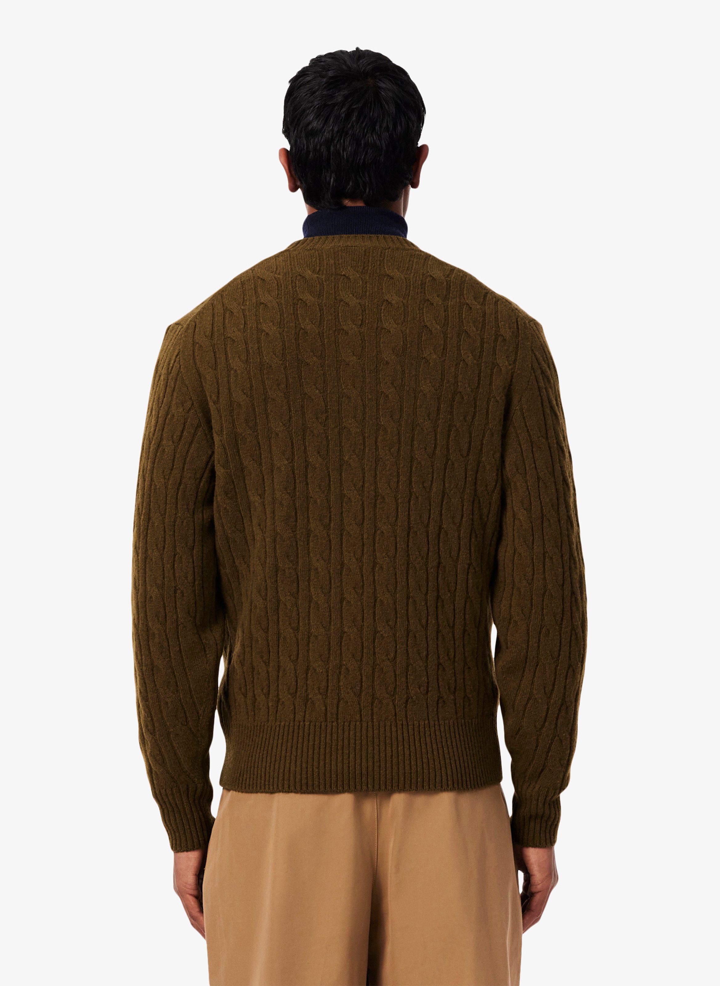 Straight wool cable-knit round-neck jumper LACOSTE Brown