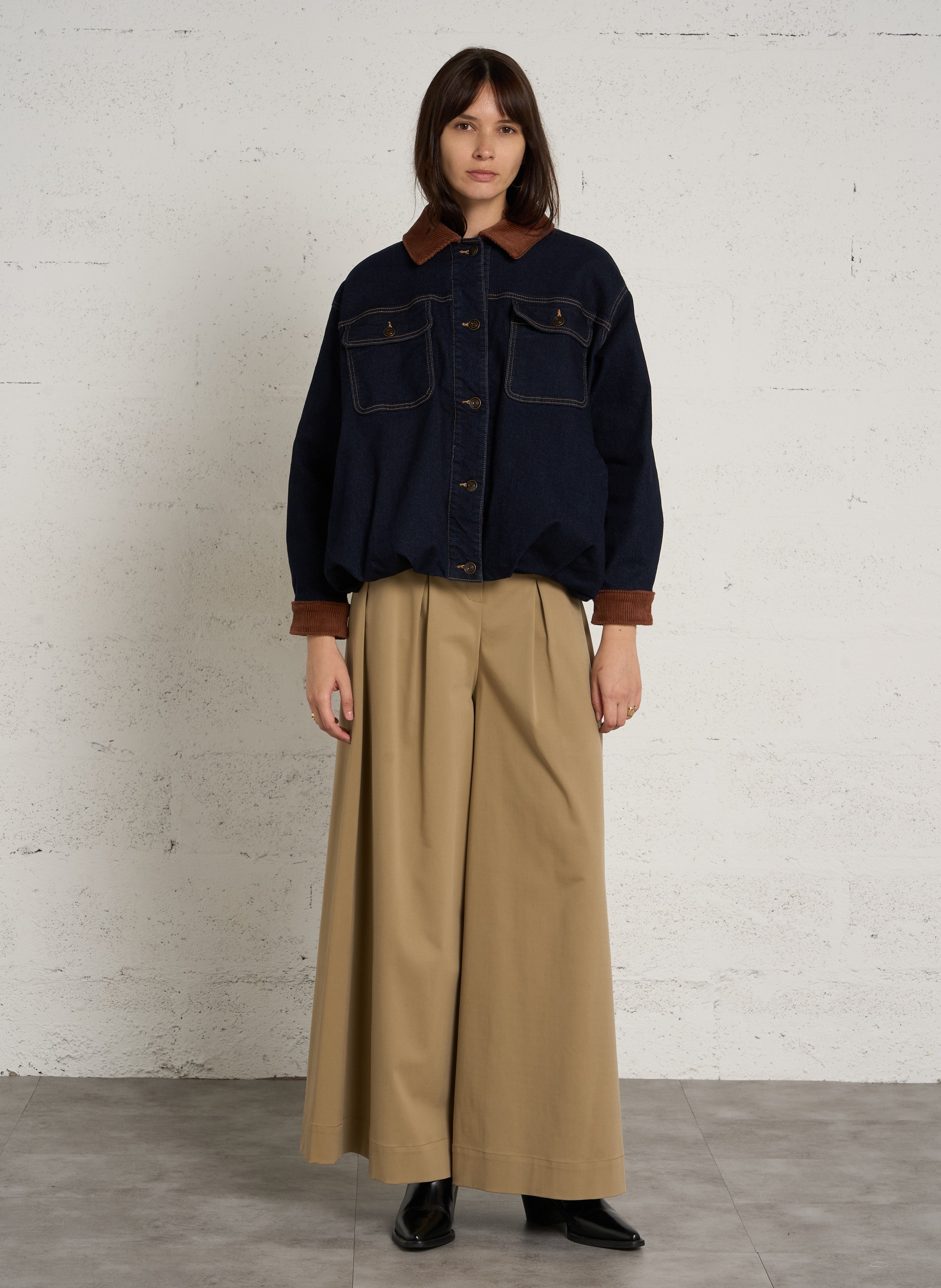 Wijde denim jas met geribbelde kraag van gemengd katoen MAISON 123 Blauw