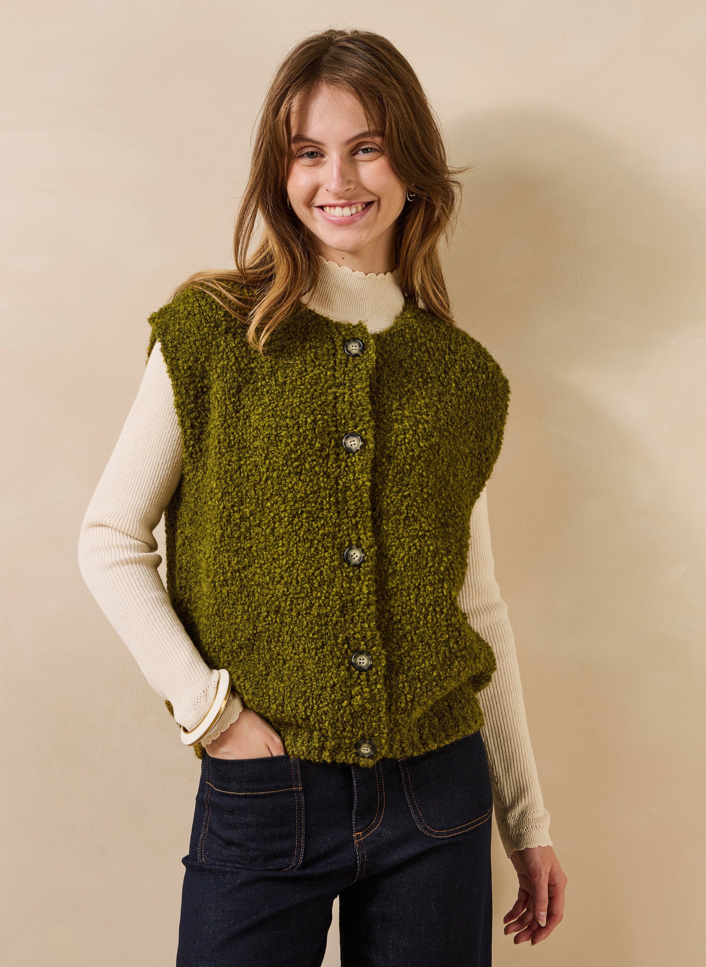Straight round-neck faux fur-effect cardigan LA FEE MARABOUTEE Green